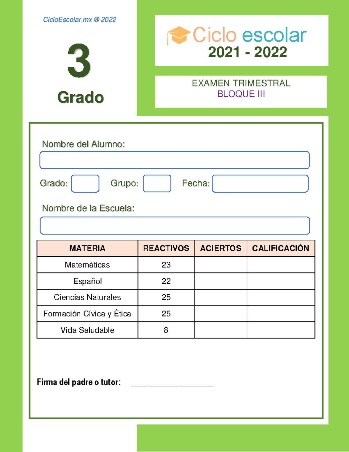 Examen Trimestral 3grado Bloque III 2021 2022 - 3 Nombre Del Alumno ...