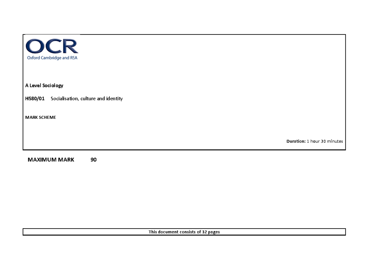 Socilasation,identity And Culture Mark Scheme - A Level Sociology H580 ...