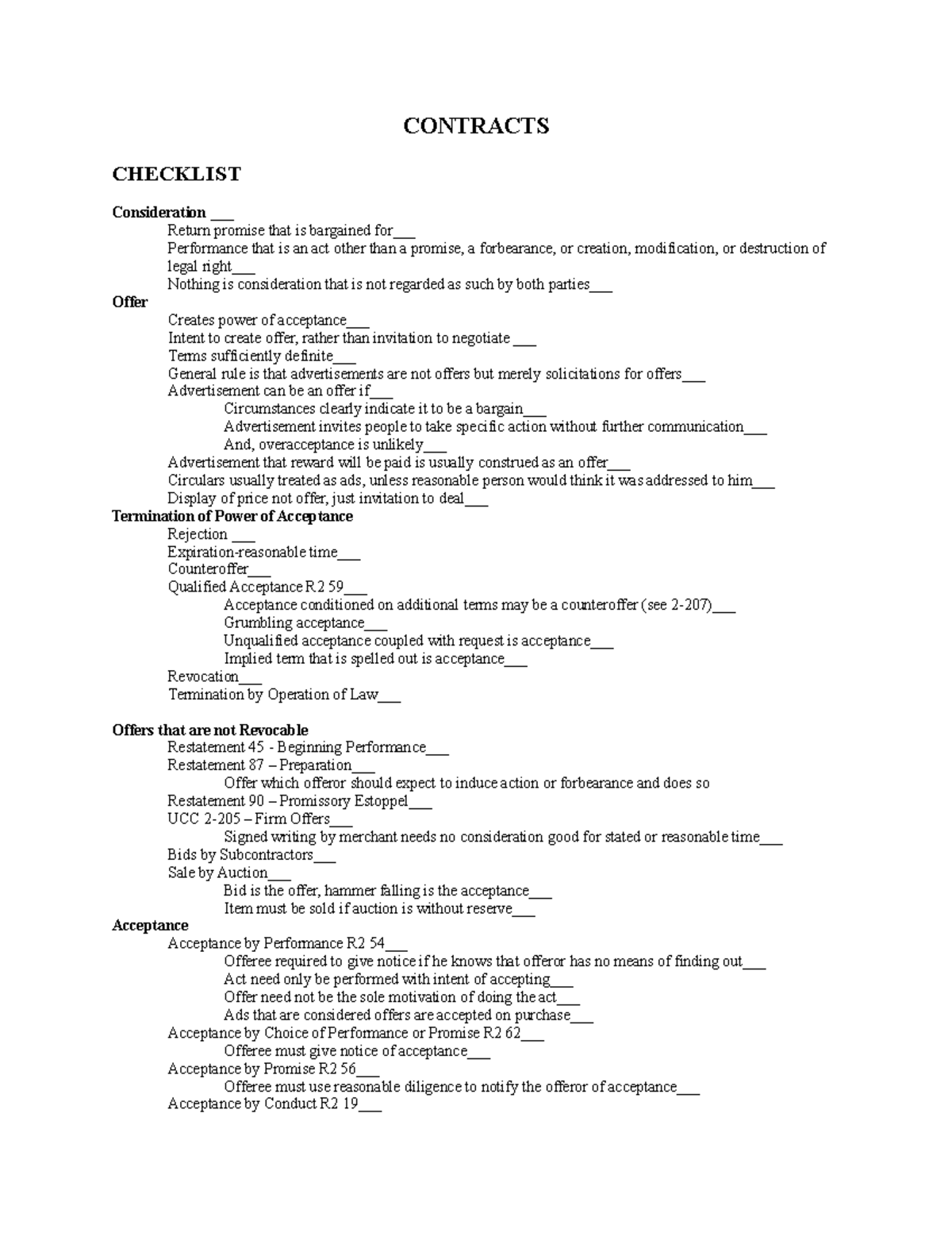 Contracts Law Outline 1 CONTRACTS CHECKLIST Consideration