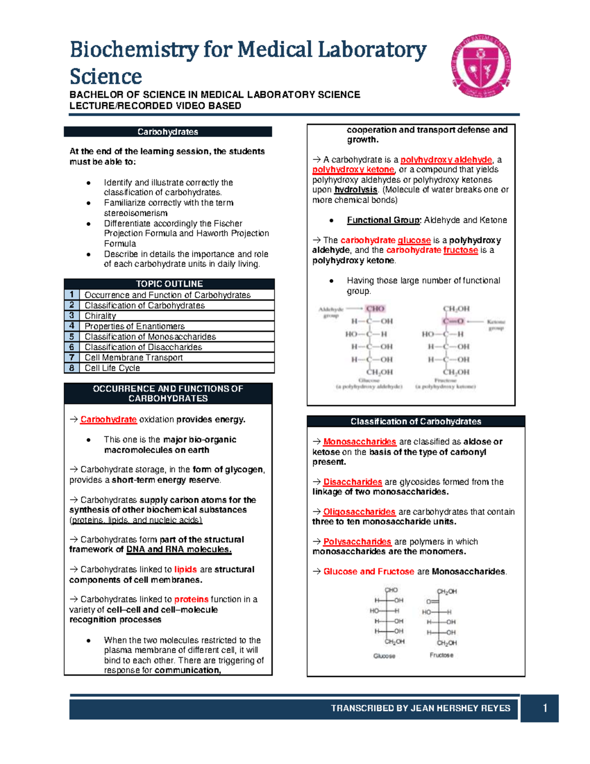 Lesson4Carbohydrates Science BACHELOR OF SCIENCE IN MEDICAL