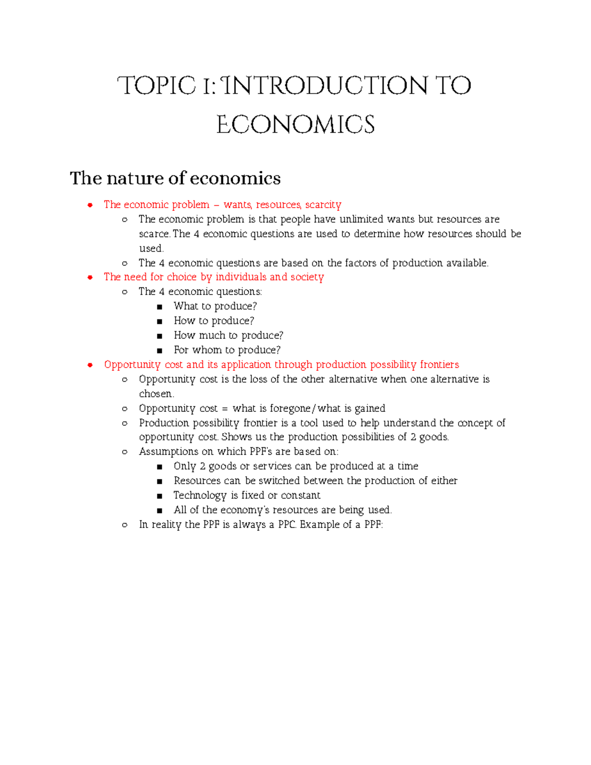 Introduction to economics notes - Topic 1: Introduction to Economics ...