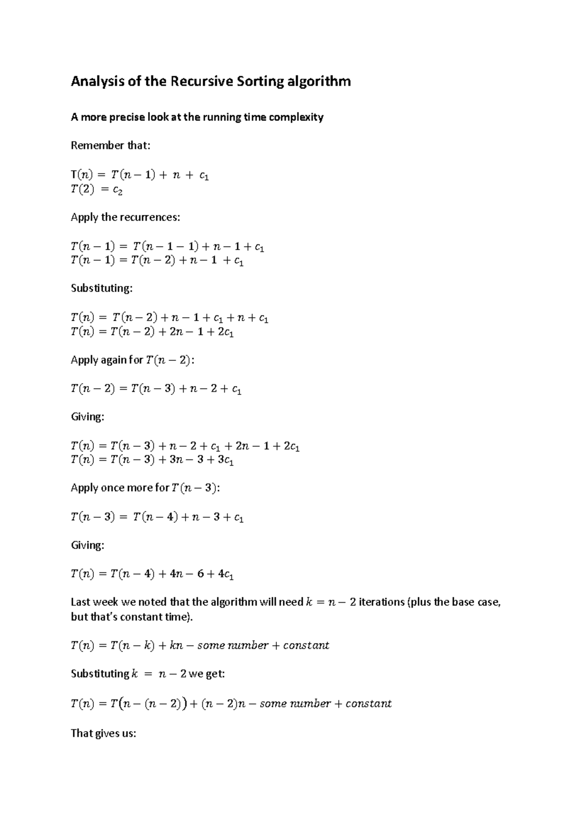 Analysis of the Recursive Sorting algorithm - 끫뢎 ( 끫뢶 ) = 끫뢎 ( 끫뢶 − 끫뢰 ...