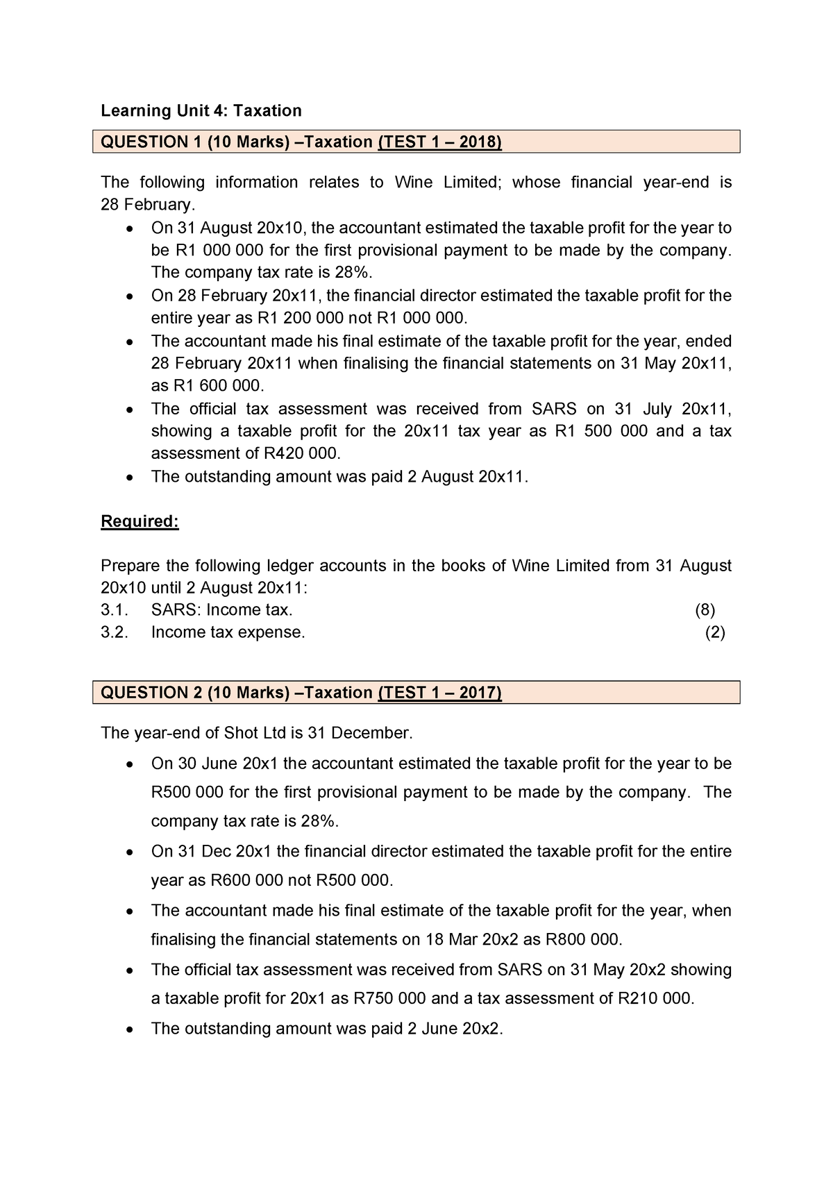 Revision Questions - Taxation - Learning Unit 4: Taxation QUESTION 1 ...