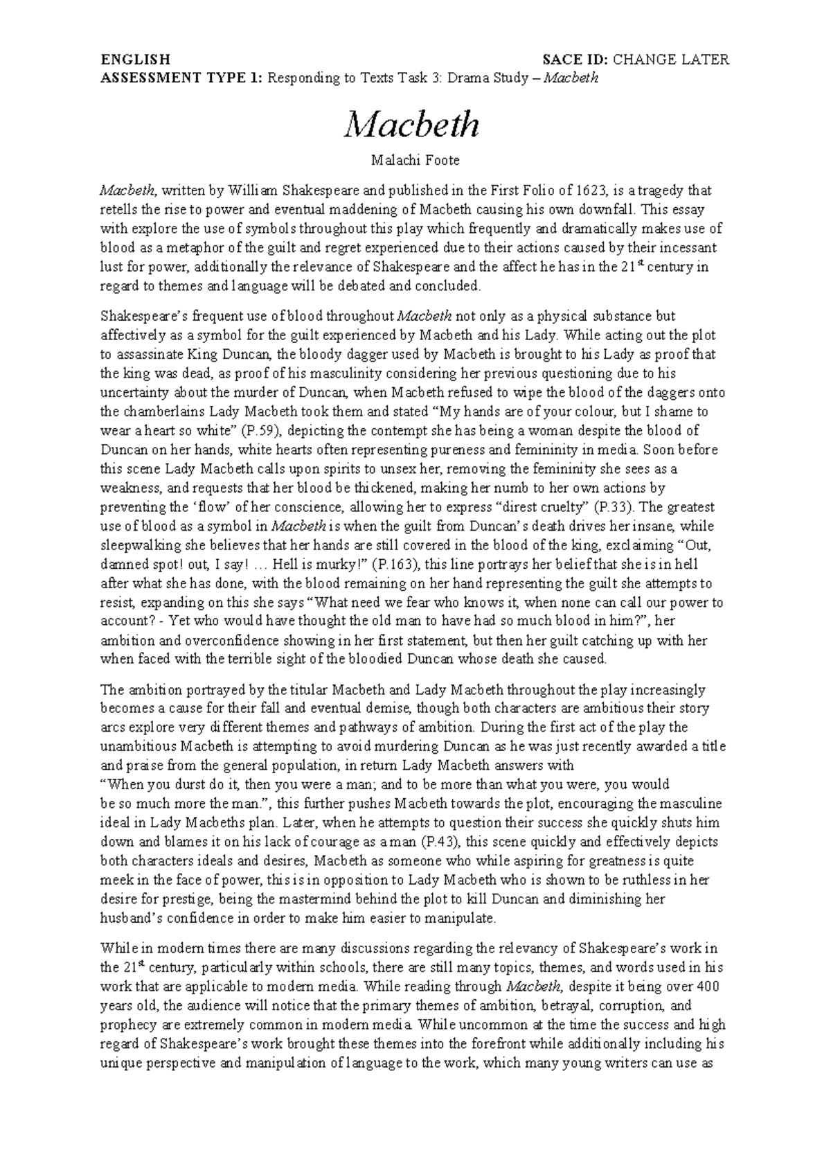 Macbeth Essay English - ENGLISH SACE ID: CHANGE LATER ASSESSMENT TYPE 1 ...