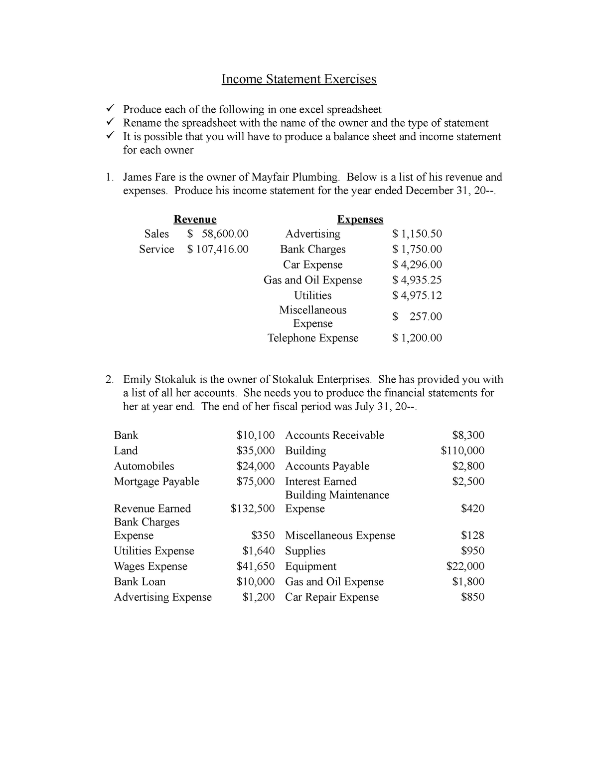 2 Income Statement Exercises 1 Income Statement Exercises Produce Each Of The Following In One 4459