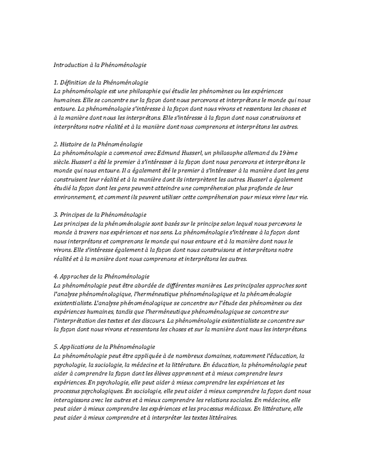 Phenomenology note study Introduction à la Phénoménologie Définition