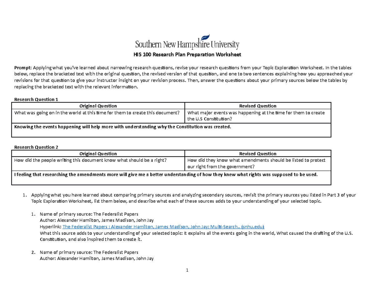 research plan worksheet