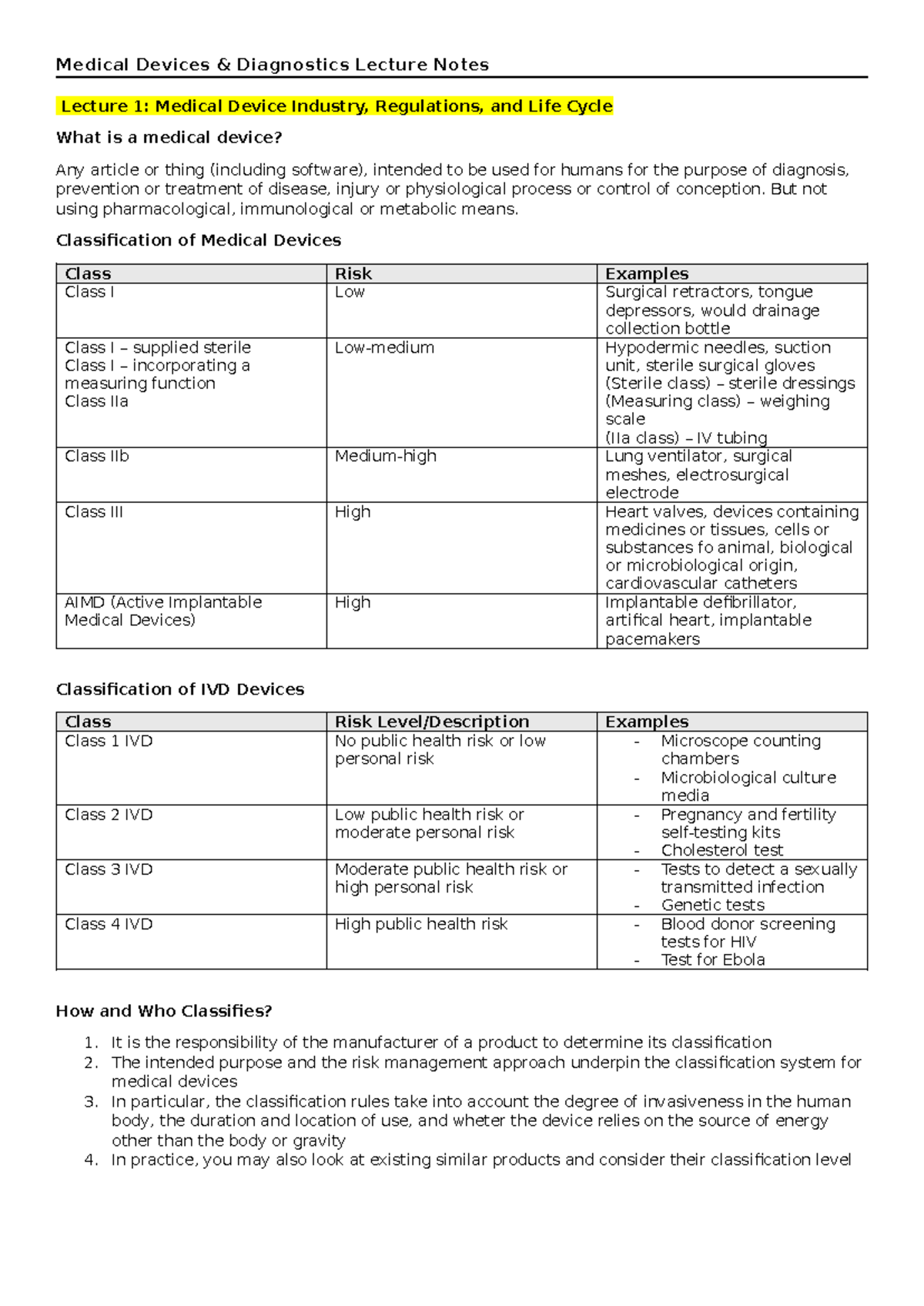 MDD Lecture Notes Lecture 1 Medical Device Industry, Regulations