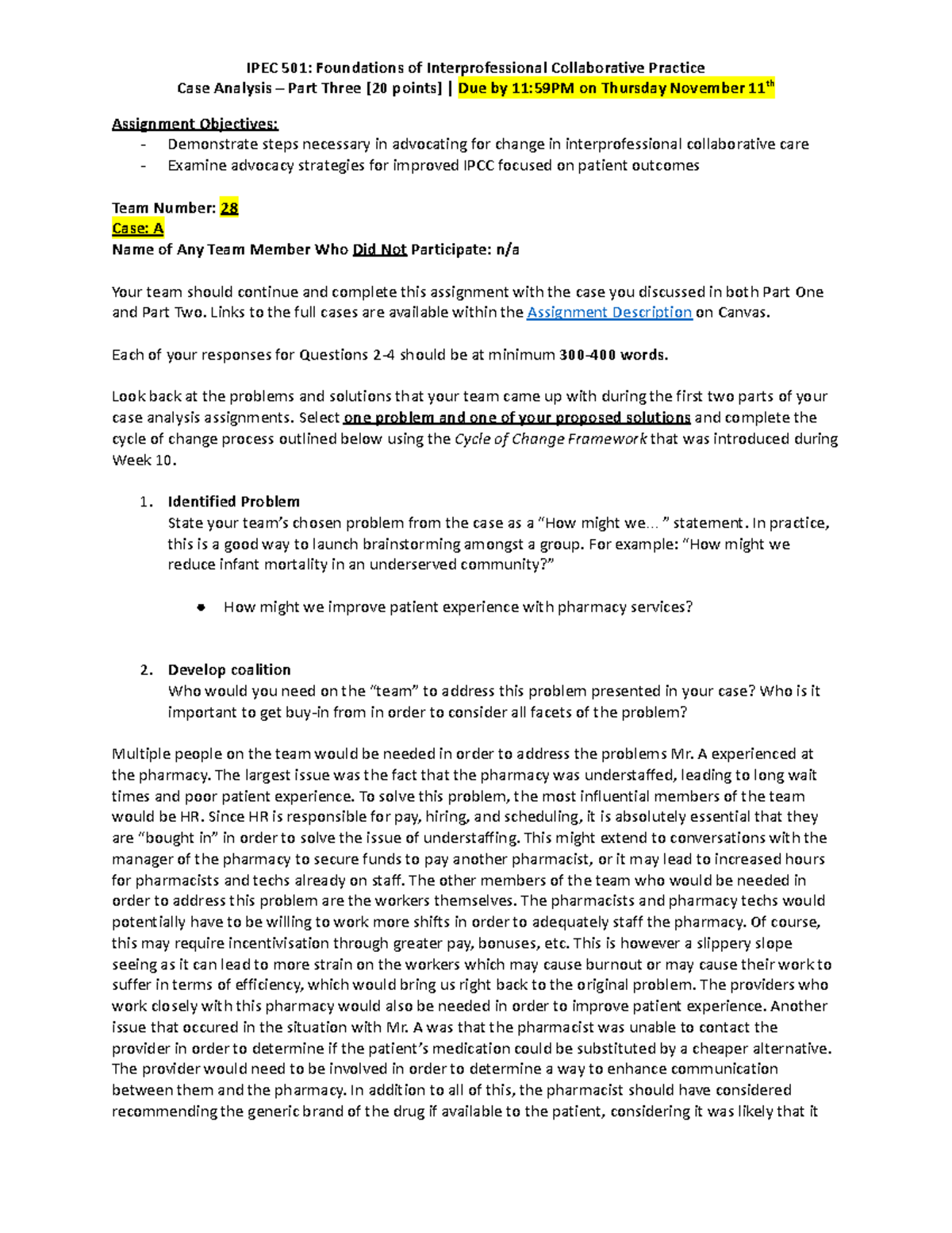 Case Analysis Part 3 - IPEC 501: Foundations of Interprofessional ...