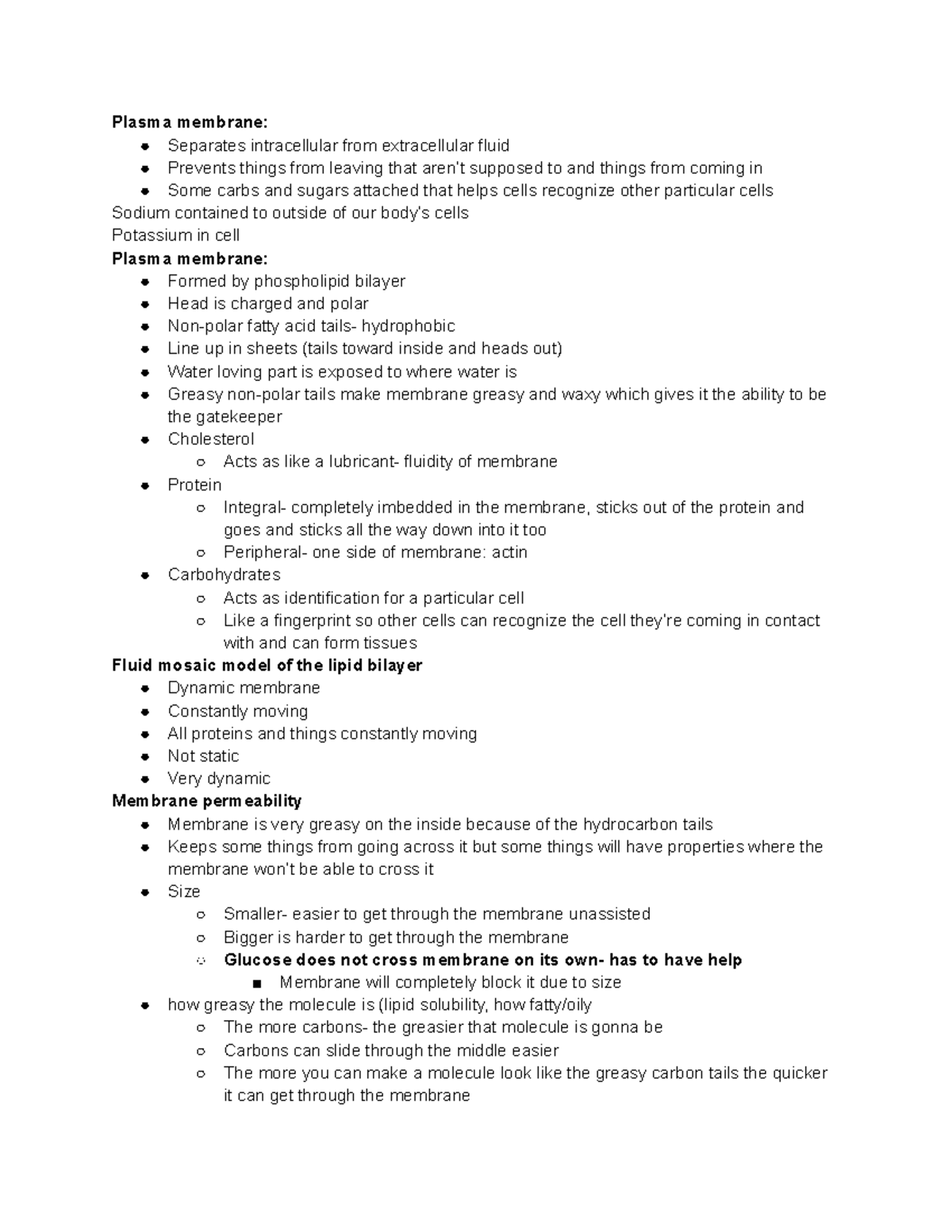 Phys ch 3 notes - Plasma membrane: Separates intracellular from ...