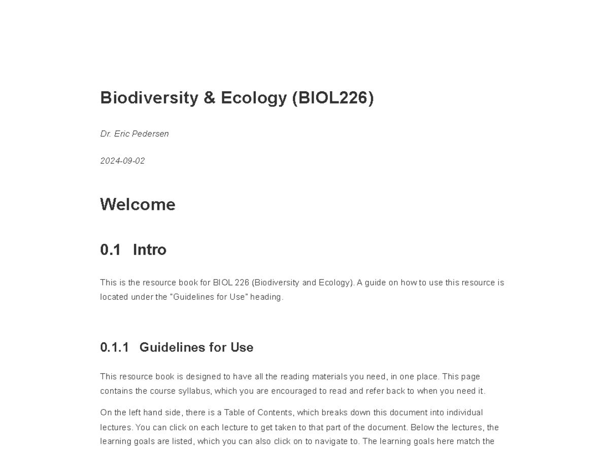 Biodiversity & Ecology (BIOL226) - Biodiversity & Ecology (BIOL226) Dr ...