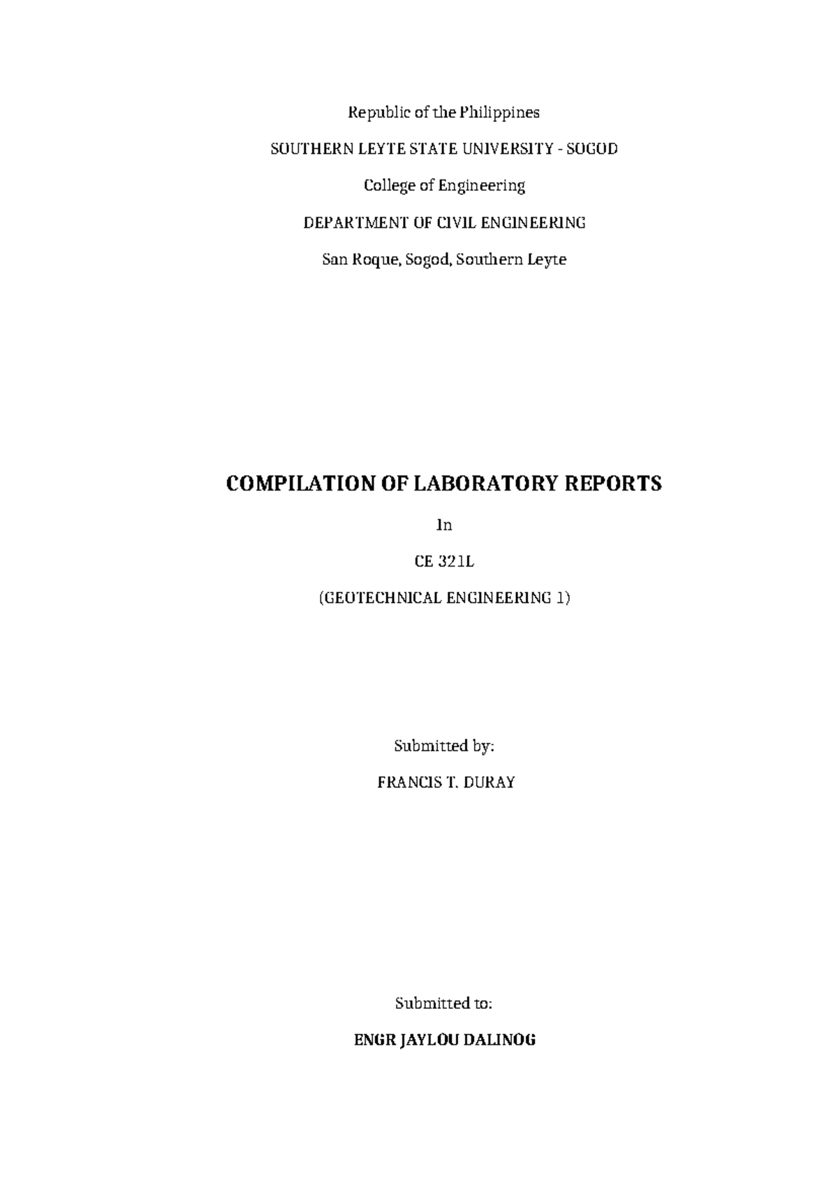 Lab 3 geotech 1 used for laboratory Republic of the Philippines