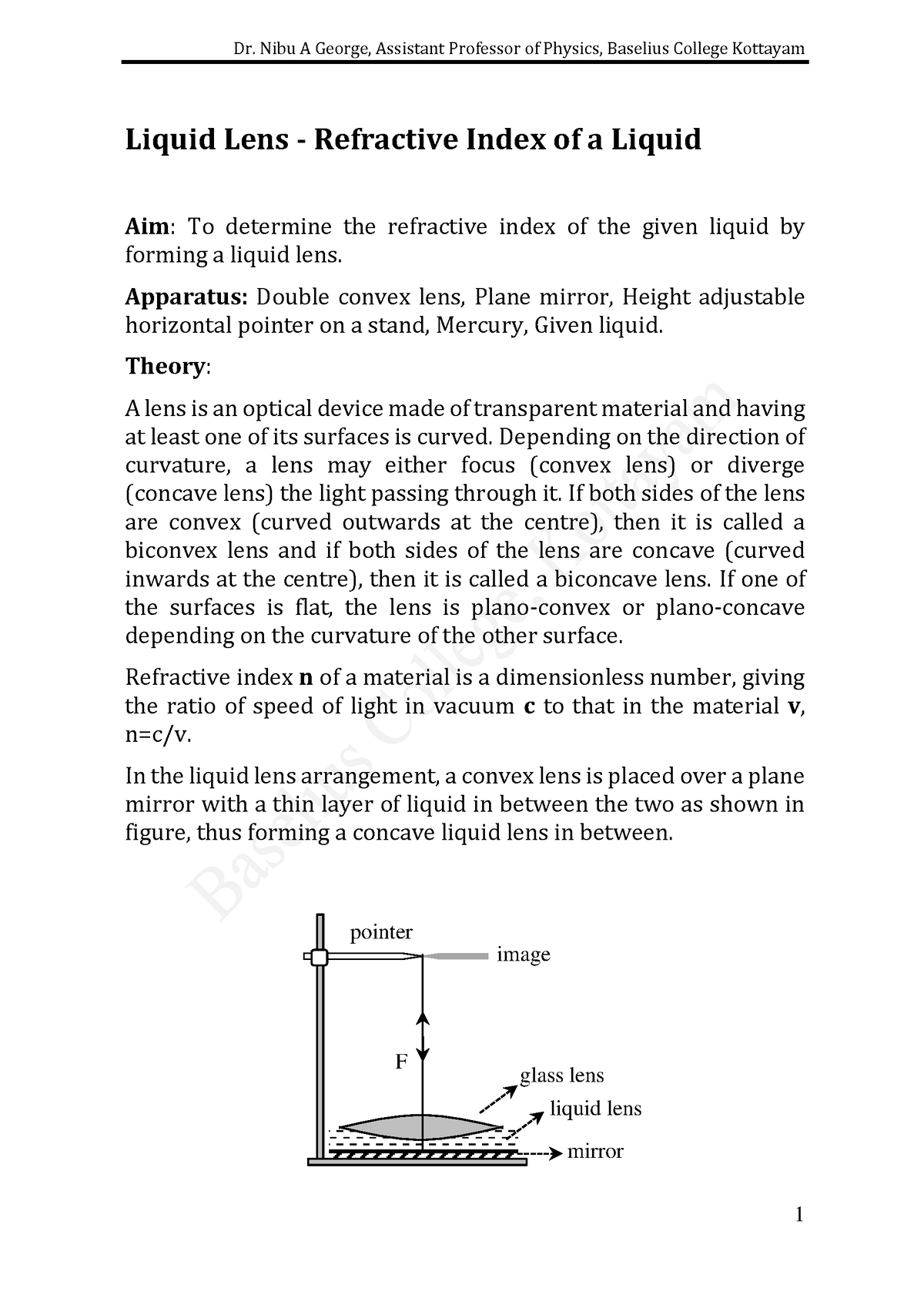 Liquid Lens - Refractive Index Of A Liquid - Apparatus: Double Convex ...