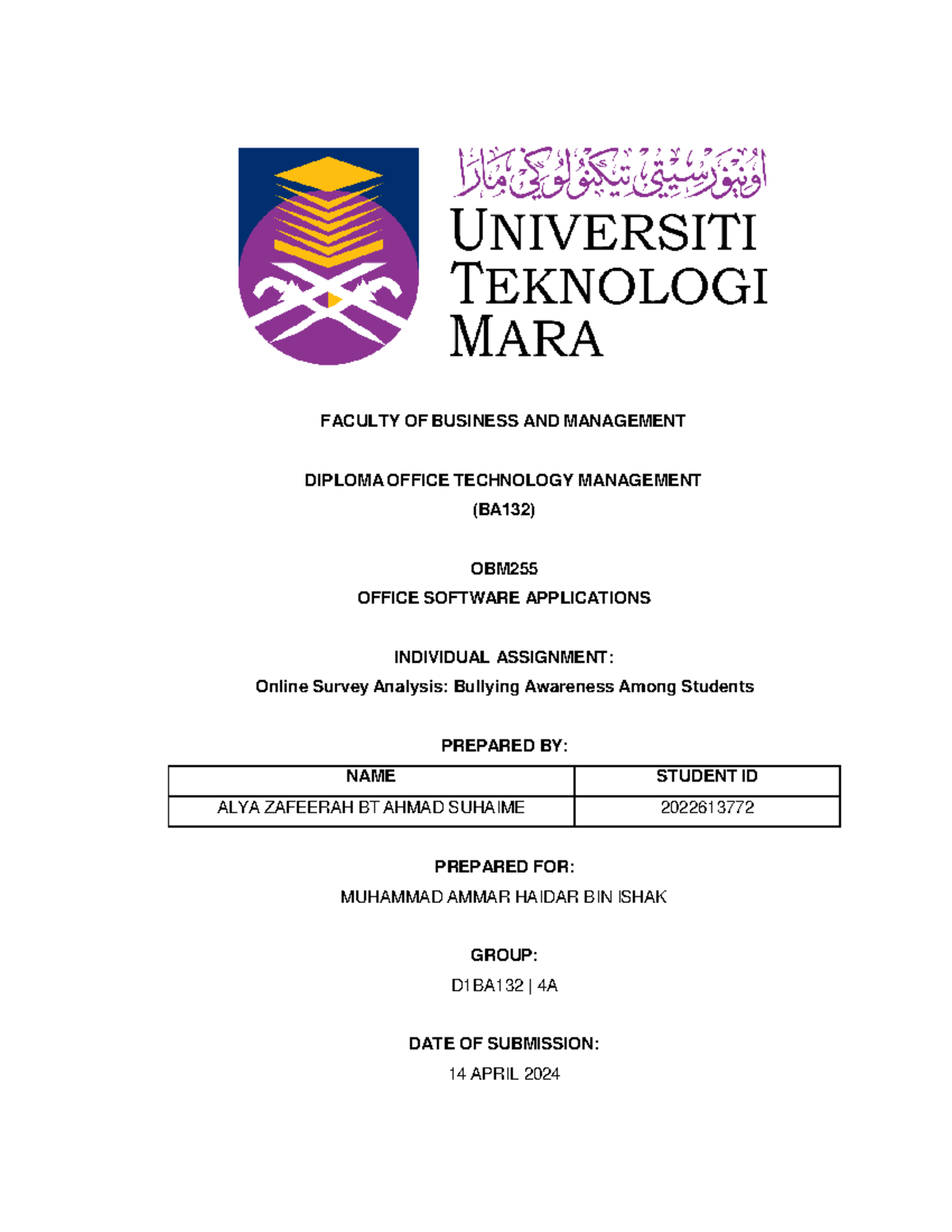 Report Analysis - Faculty Of Business And Management Diploma Office 