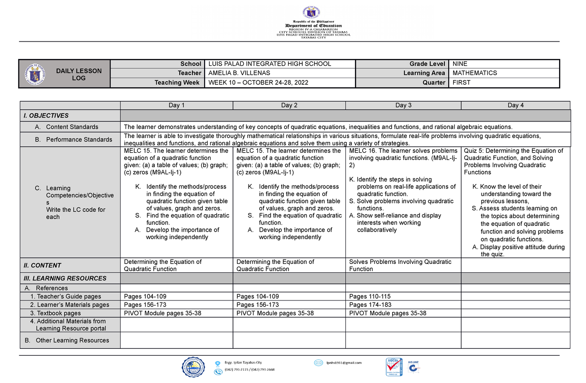 DLL W10 M9 - LESSON GUIDE - DAILY LESSON LOG School LUIS PALAD ...