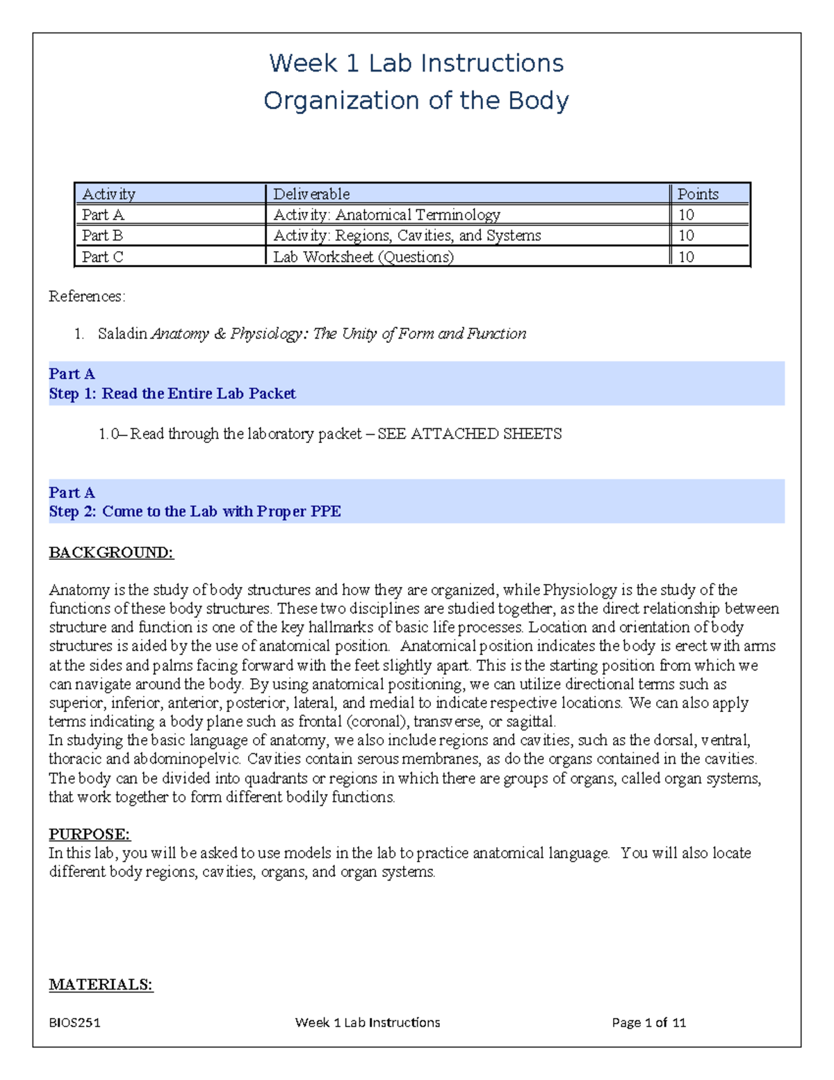 BIOS251 Lab Answers - Week 1 Lab Instructions Organization Of The Body ...