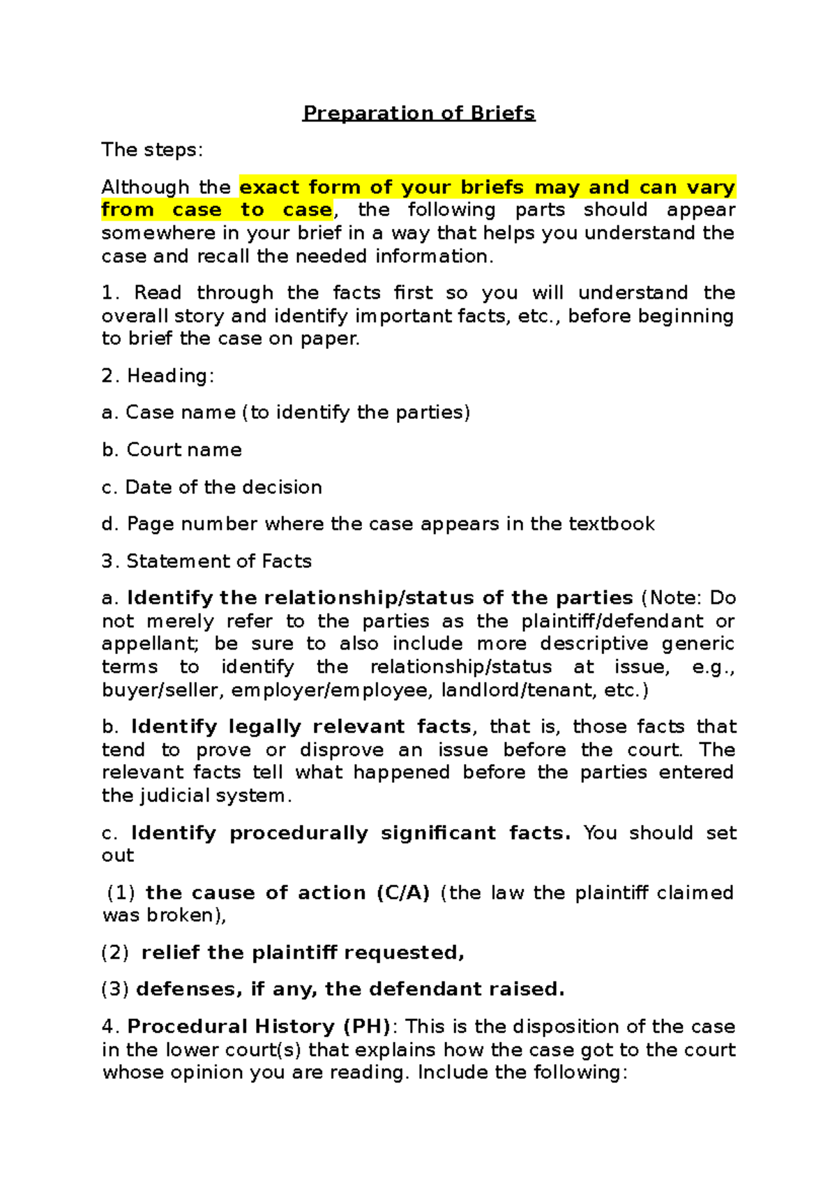 Preparation of Briefs - Read through the facts first so you will ...