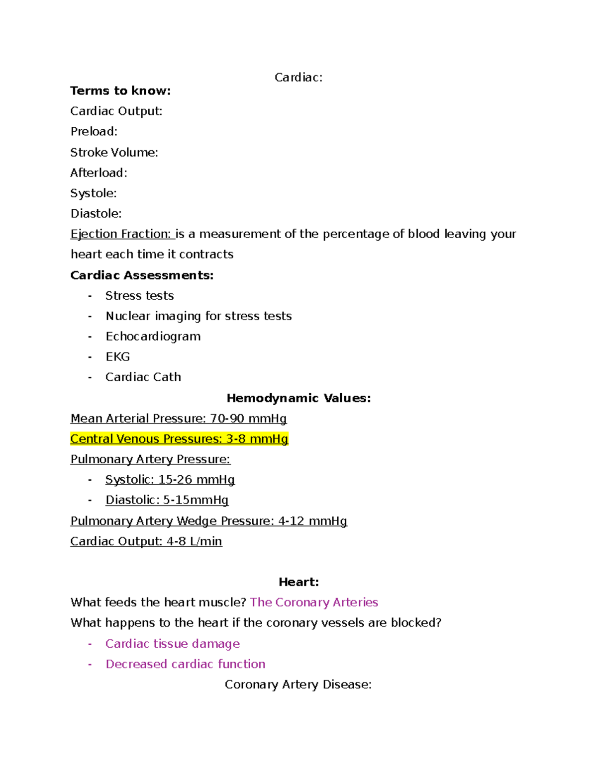Cardiac Notes - Cardiac: Terms to know: Cardiac Output: Preload: Stroke ...