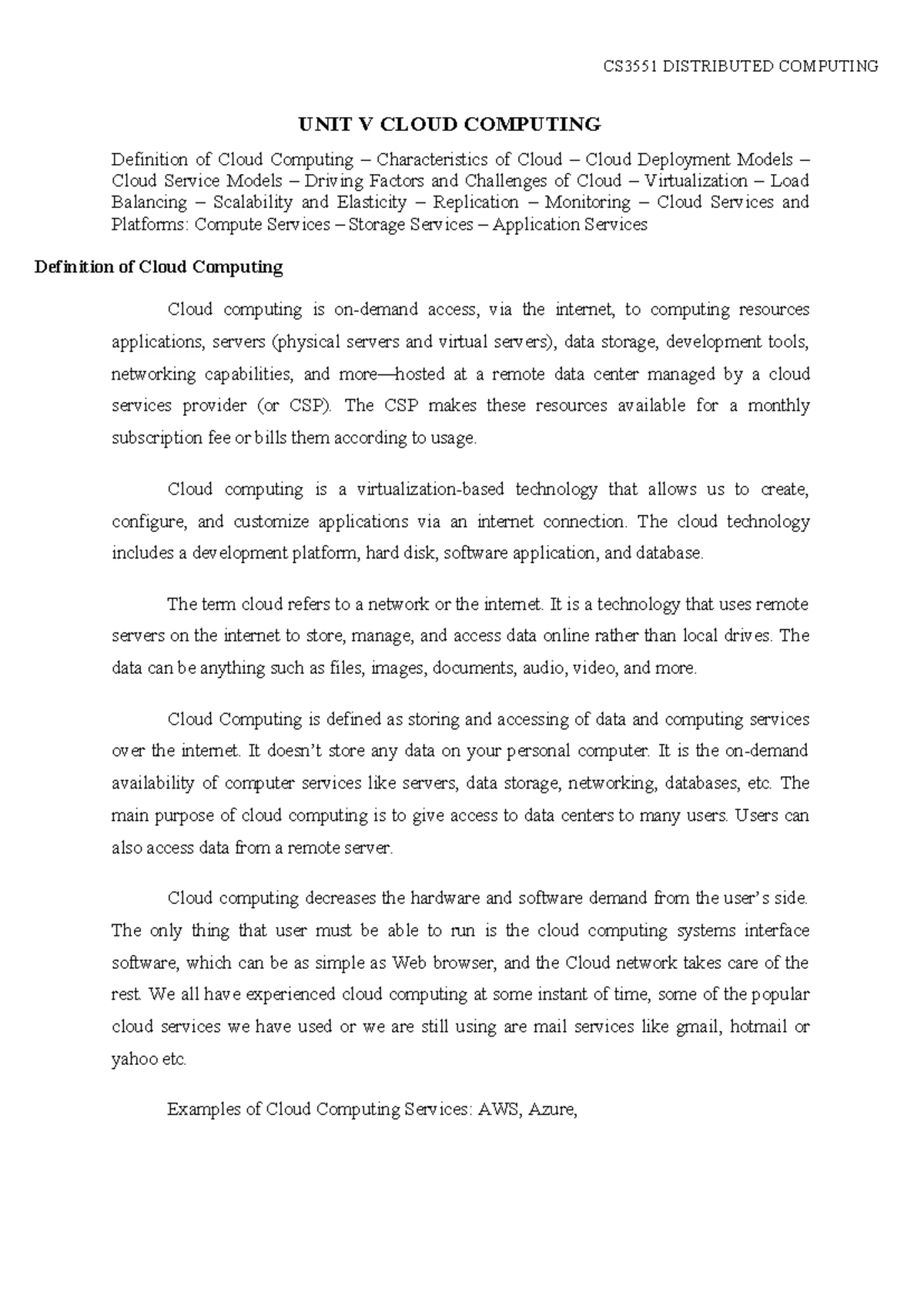 DC unit 5 notes half - Distributed computing (CS3551) - UNIT V CLOUD ...