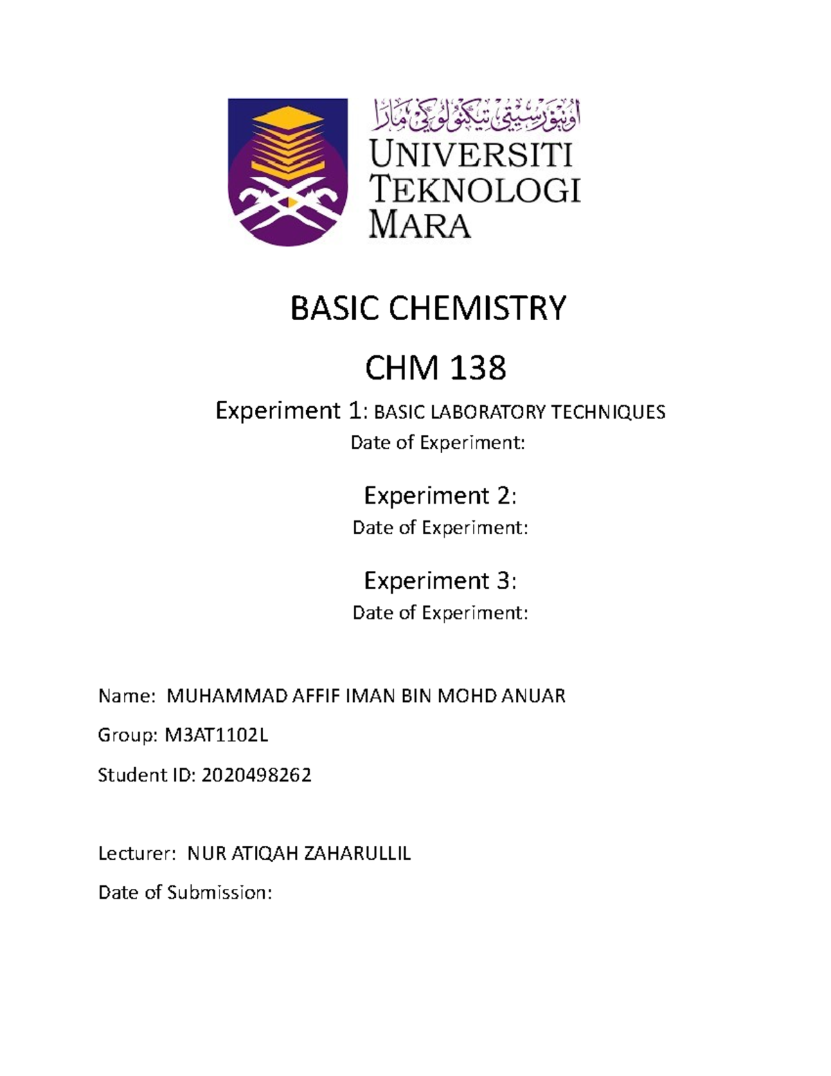 CHM138 LAB Report Iman - BASIC CHEMISTRY CHM 138 Experiment 1: BASIC ...