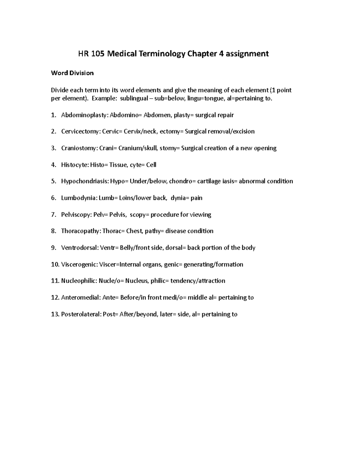 Chapter 4 acc c hr 105 medical terminology chapter 4 assignment word