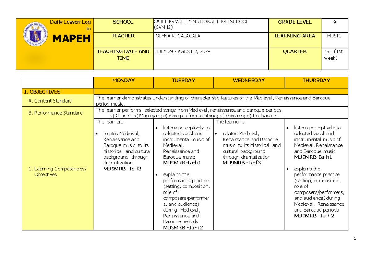 Q1 Grade 9 Music DLL Week 1 - MONDAY TUESDAY WEDNESDAY THURSDAY I ...