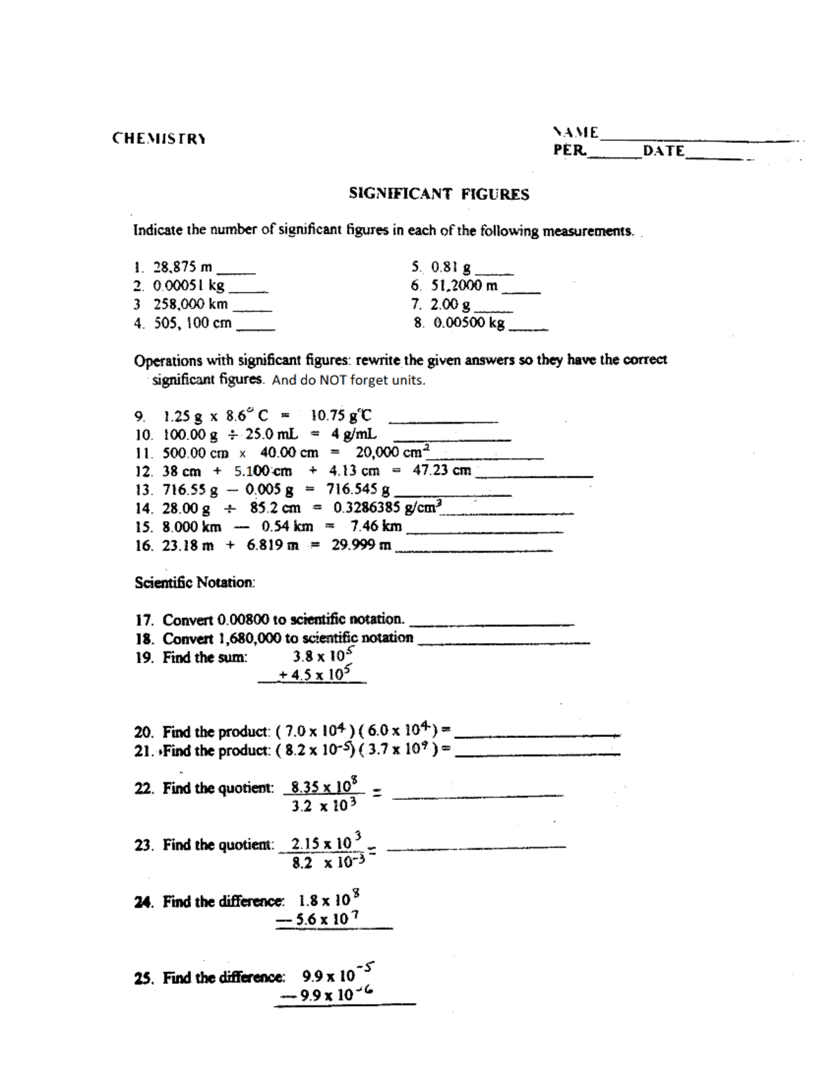 Sig Figswrksht - Sig fig wrksht - CHEMISTRY NAME PER DATE SIGNIFICANT ...