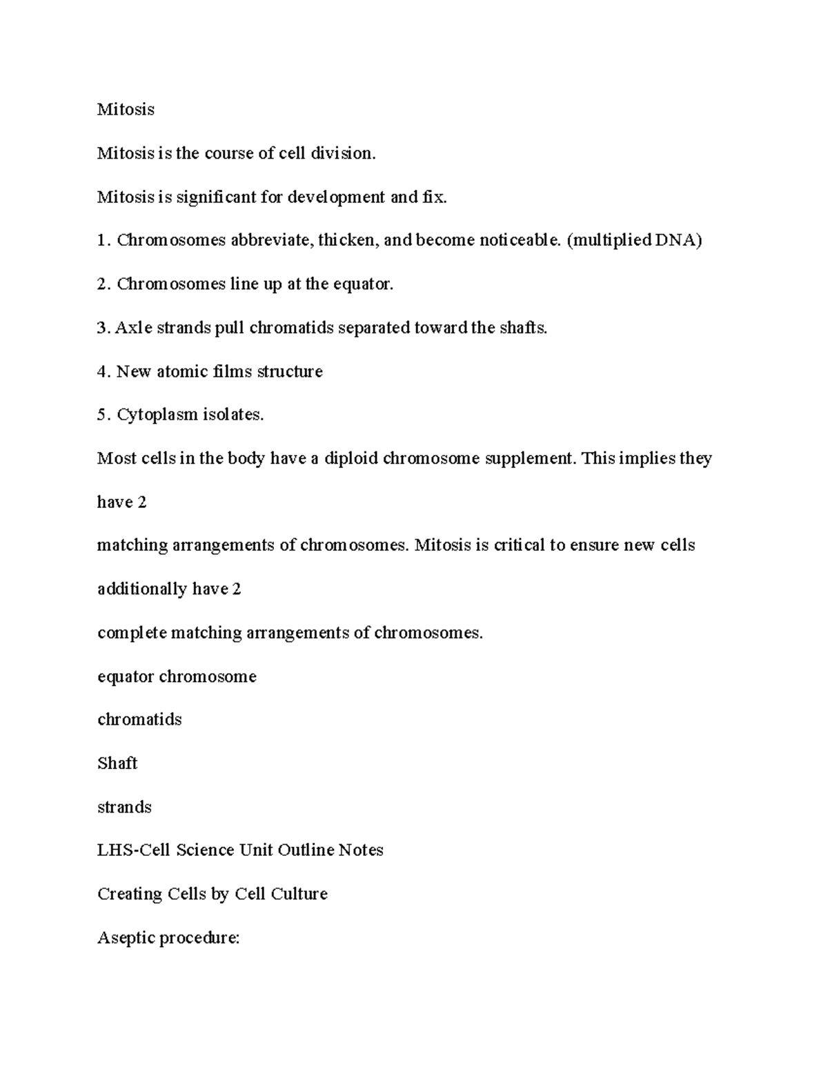 Mitosis - Lecture Notes - Mitosis Mitosis Is The Course Of Cell 