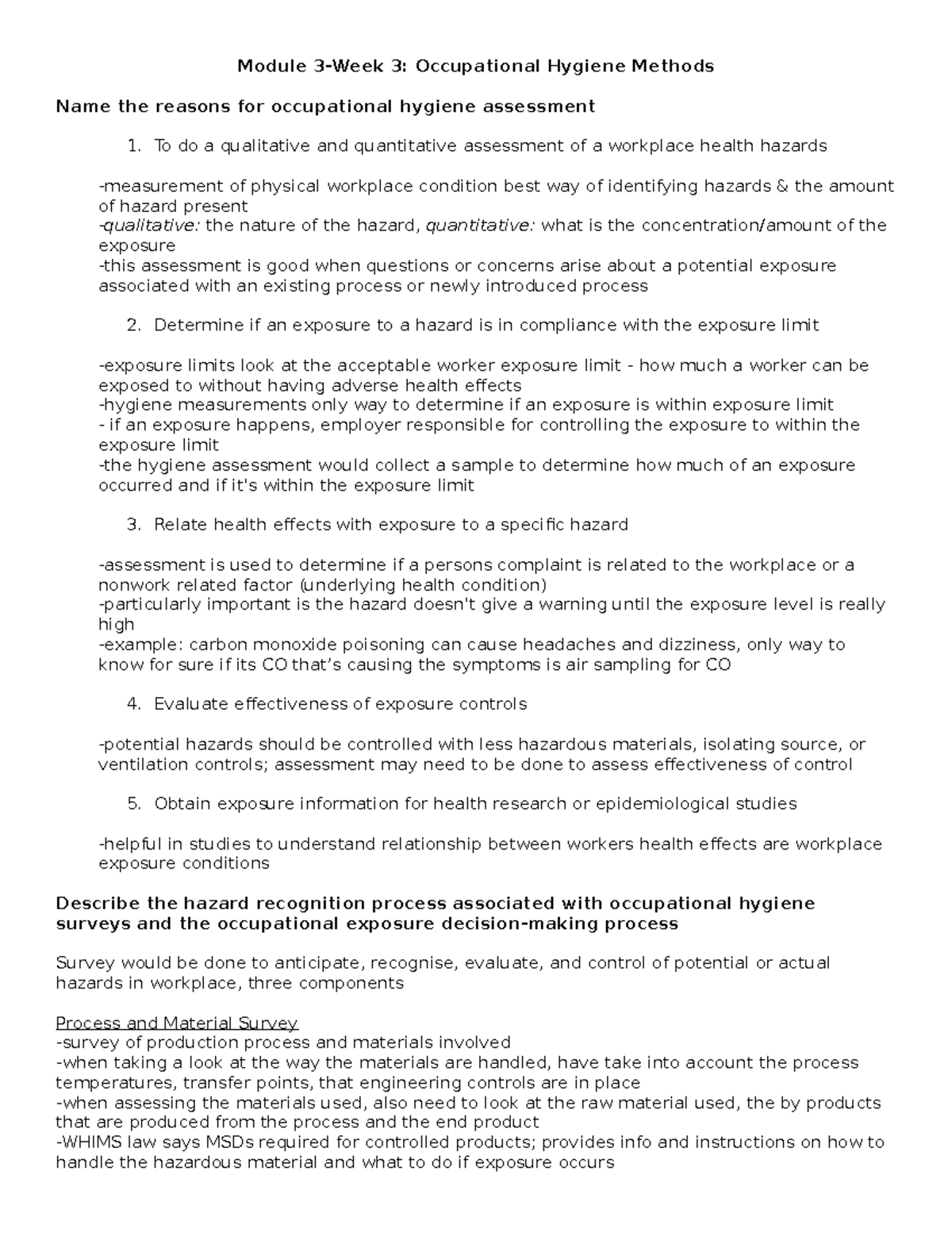 Module 3 occ - review notes - Module 3-Week 3: Occupational Hygiene ...