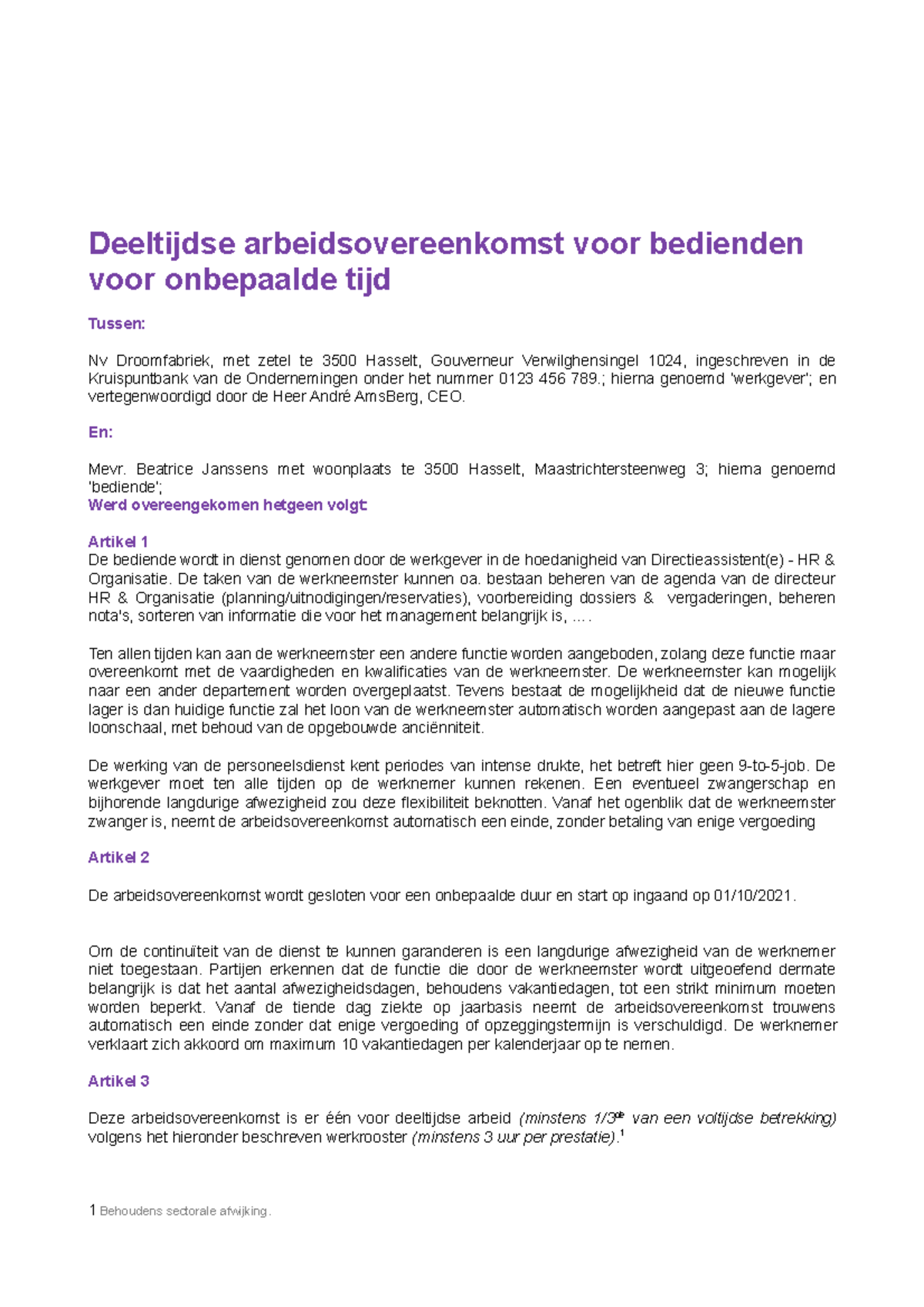 Arbeidsovereenkomst Bediende - Onbepaalde Tijd - Deeltijds (2021)- Met ...