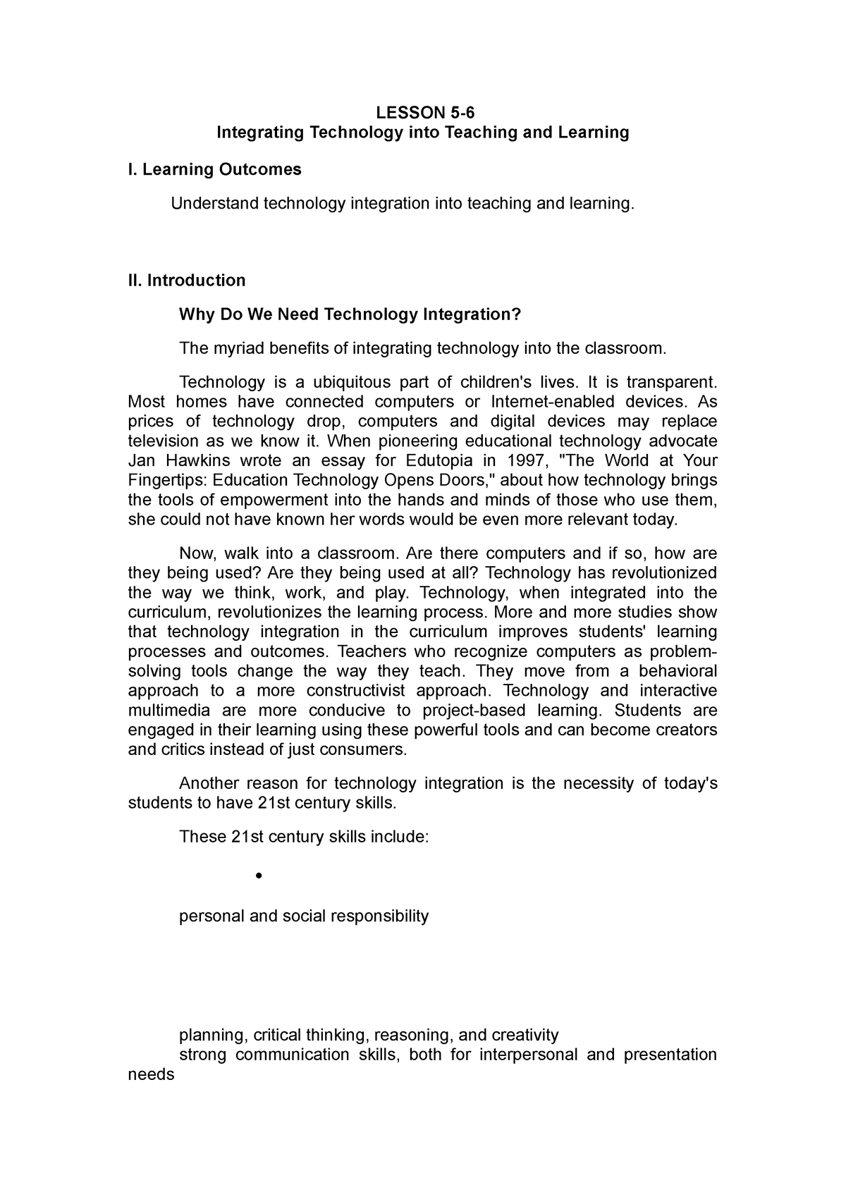 Integrating Technology Into Teaching And Learning - Learning Outcomes ...