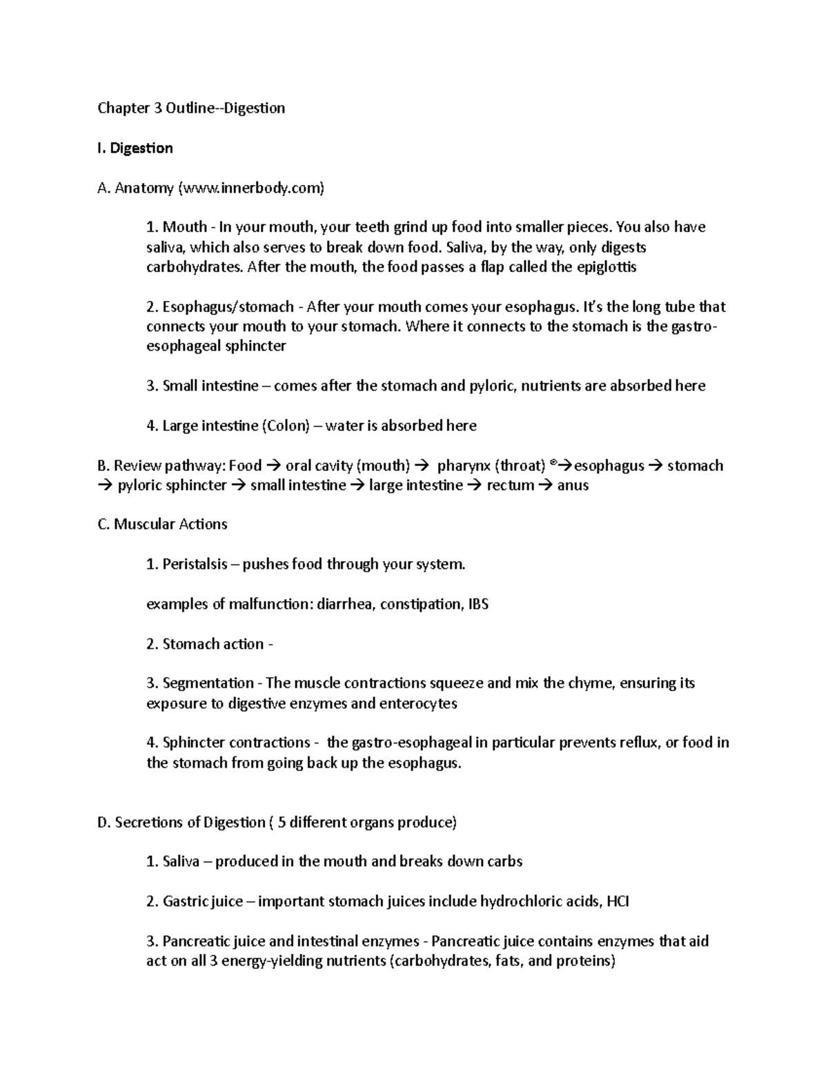 CH 3 Outline DONE Nutrition - Chapter 3 Outline-Digestion I. Digestion ...