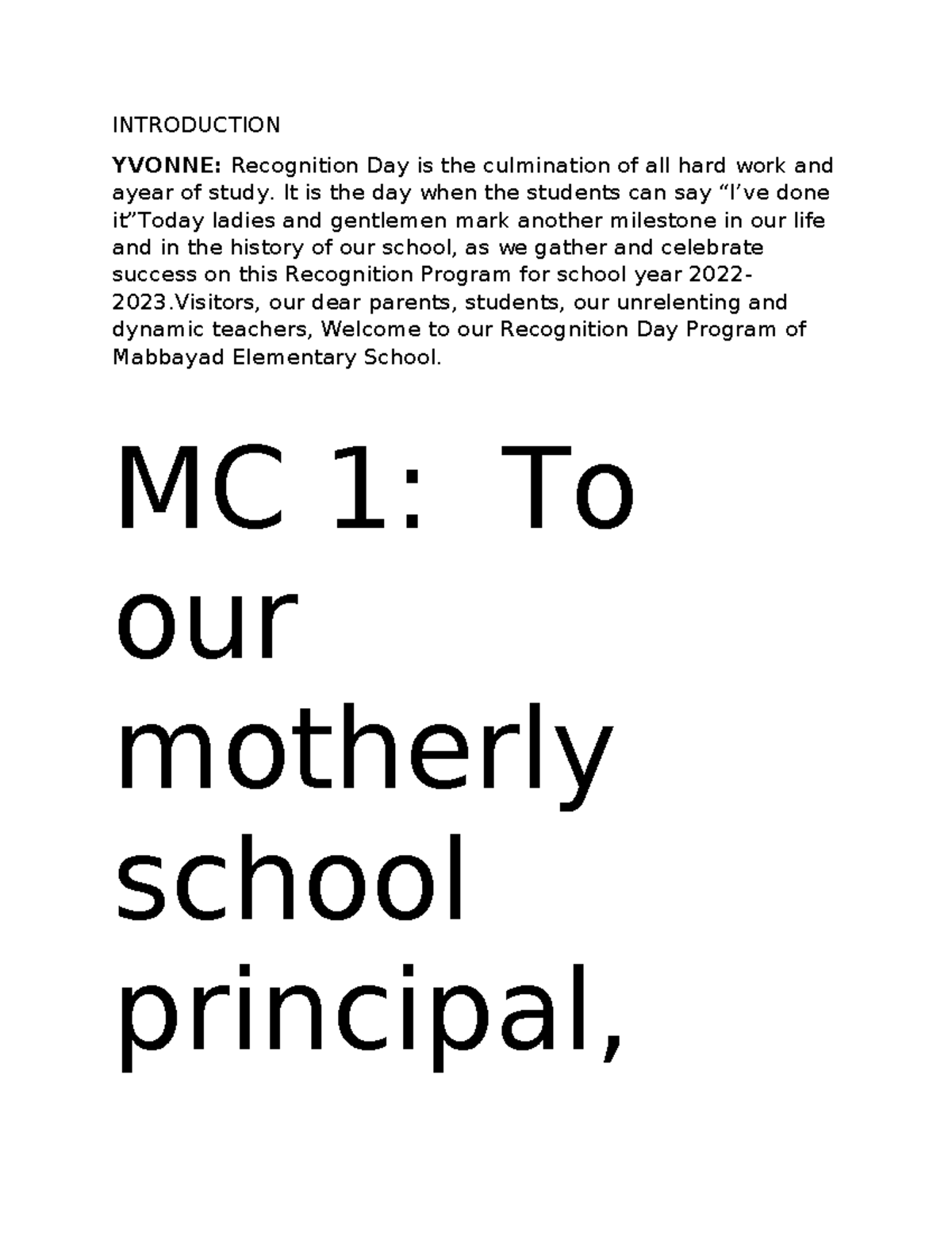 Emcee Recognition Script - INTRODUCTION YVONNE: Recognition Day is the ...