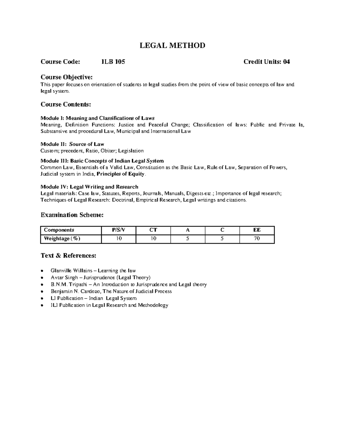 Legalmethodssyllabus LEGAL METHOD Course Code ILB 105 Credit Units
