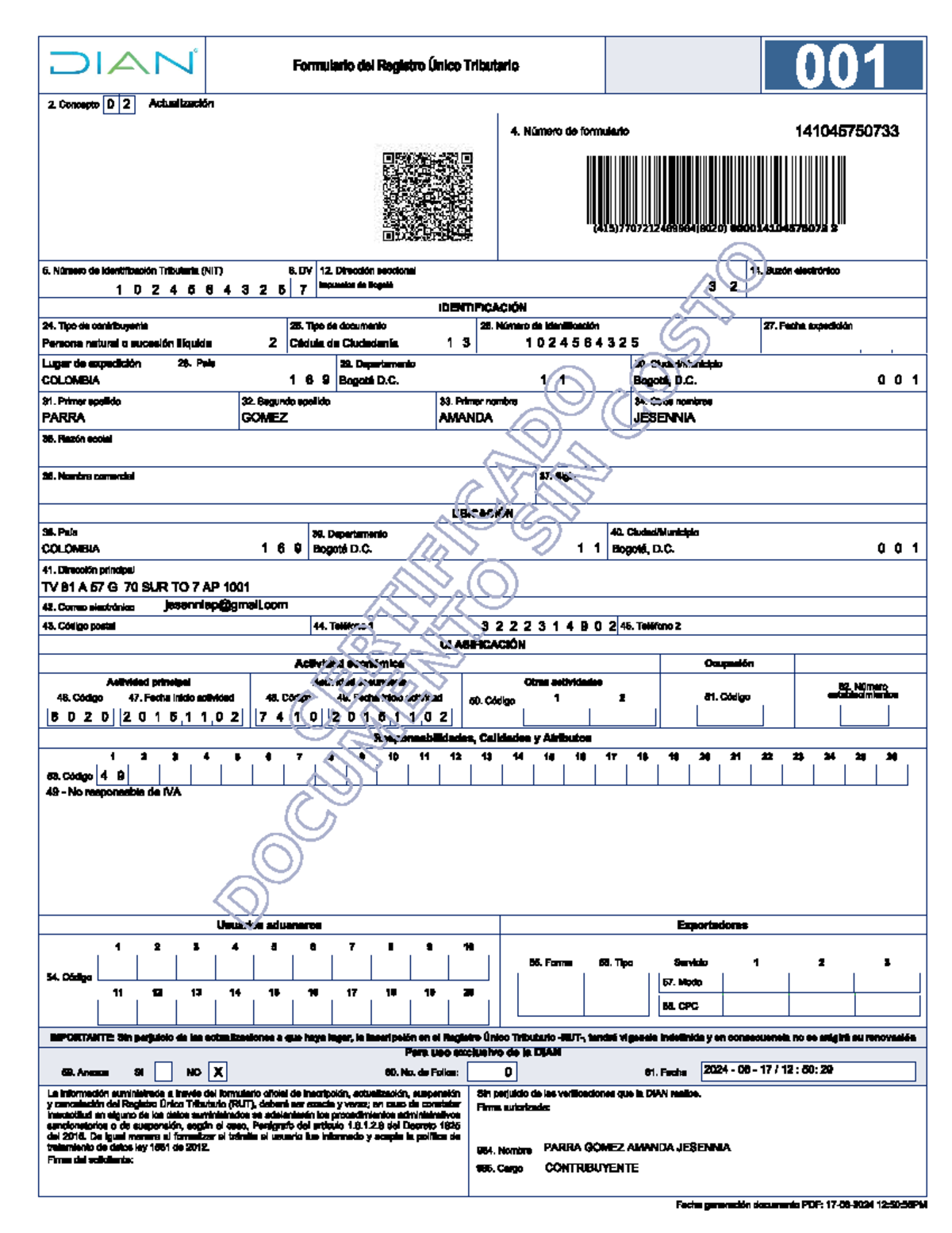 RUT Amanda Parra - DIAN Formulario del Registro Único Tributario 001 2 ...