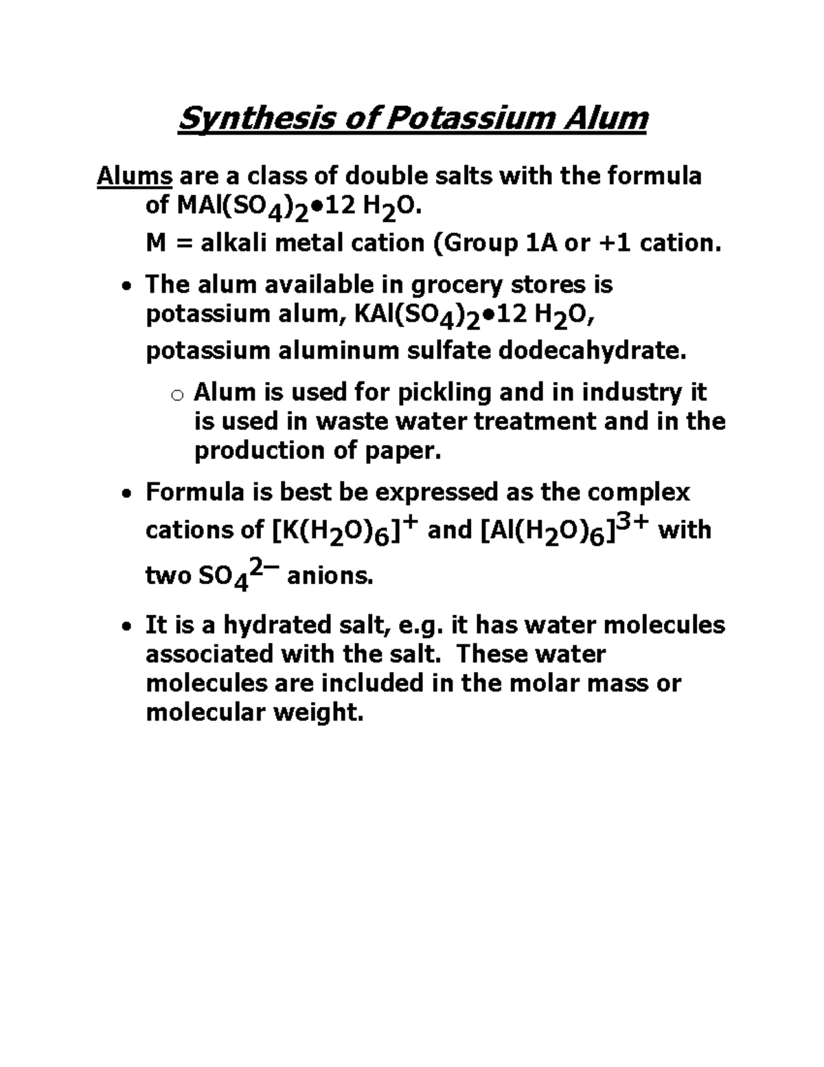 Experiment 2 Synthesis of Potassium Alum Alums are a class of double