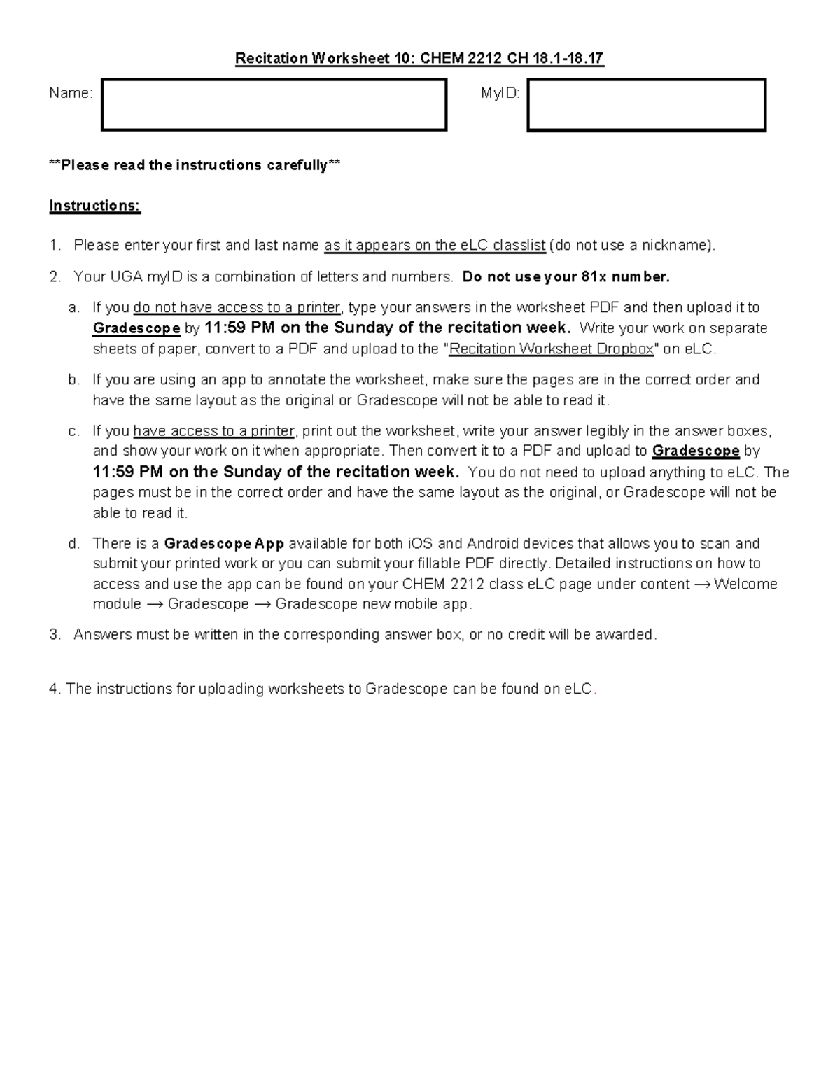 CHEM 2212 R10 - recitation - Recitation Worksheet 10: CHEM 2212 CH 18 ...