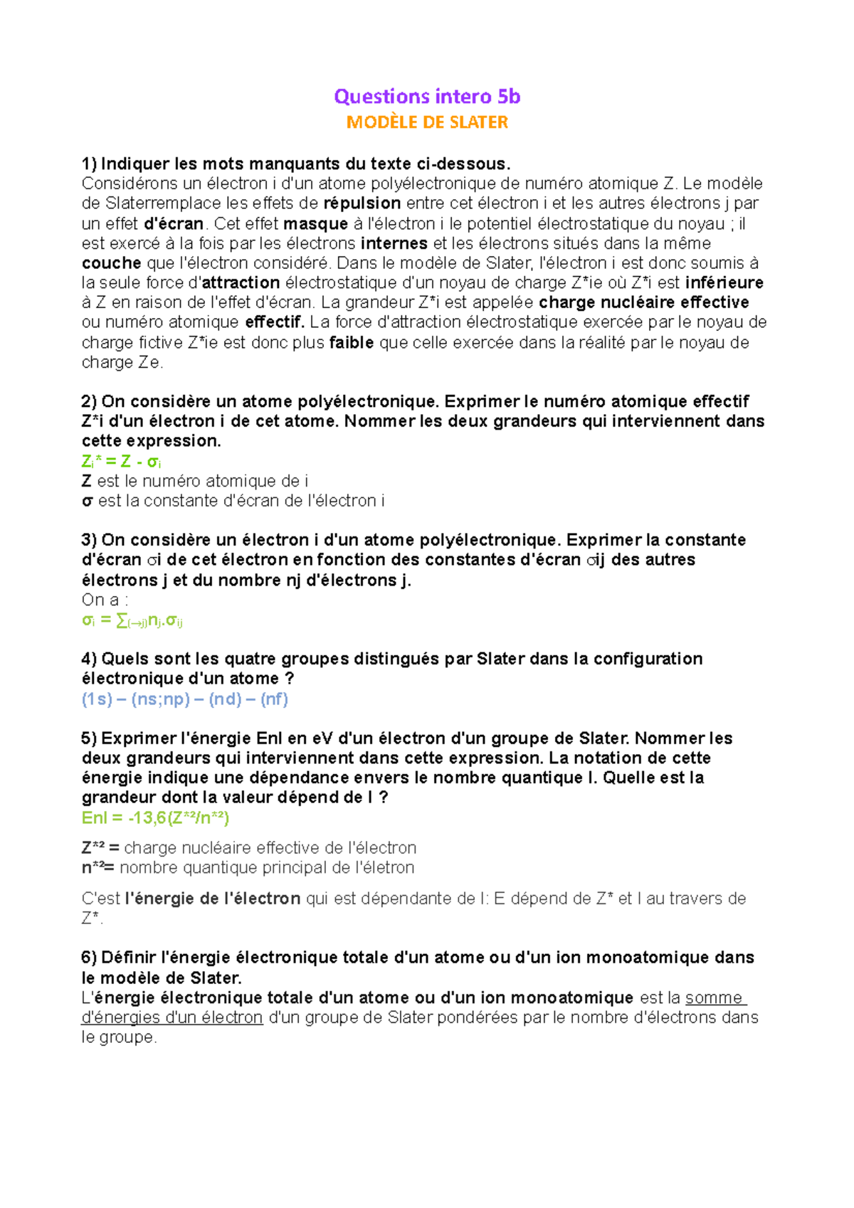 Questions Intero 5c Resume De L Atome A La Molecule Questions Intero 5b Mod Studocu