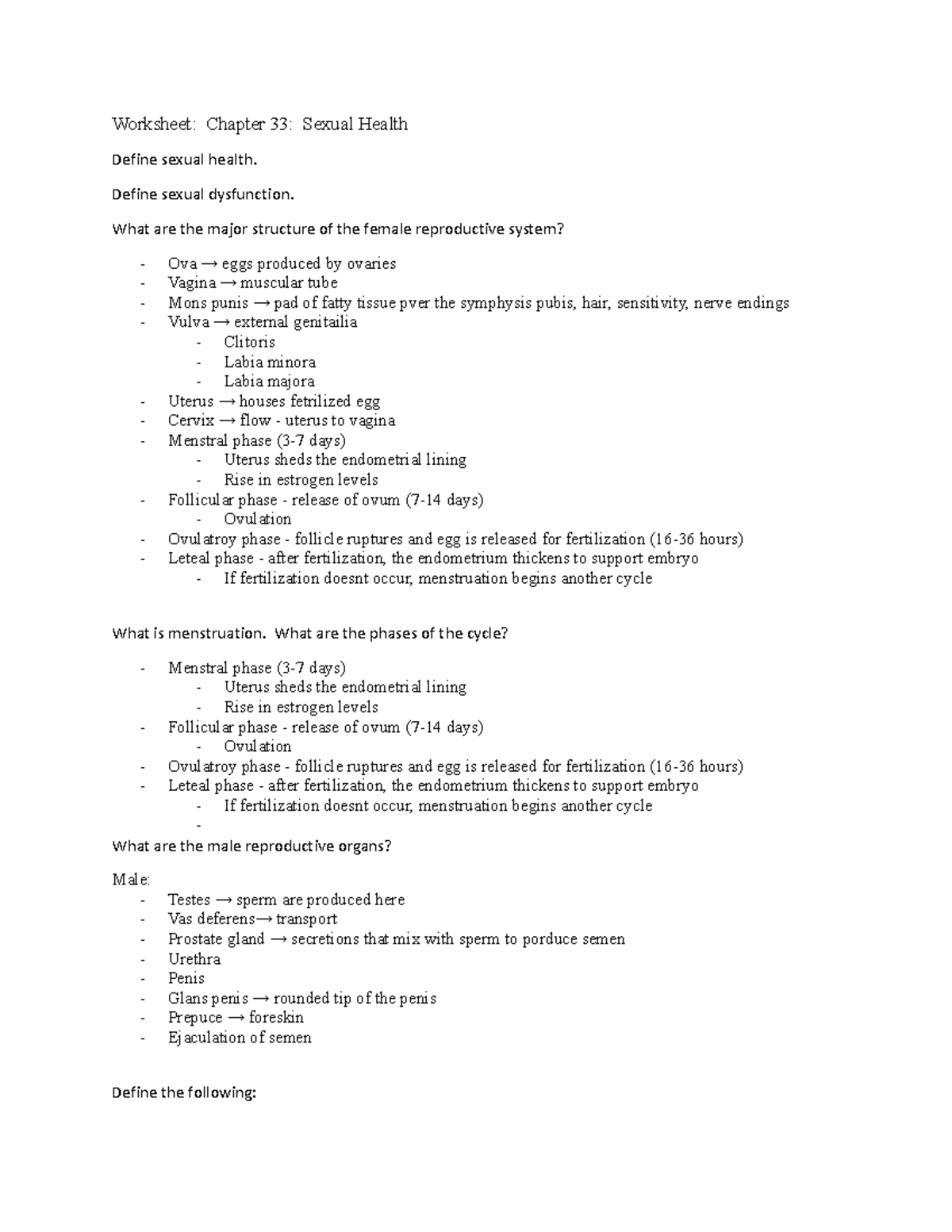 Chapter 33 Worksheet Chapter 33 Sexual Health Define sexual