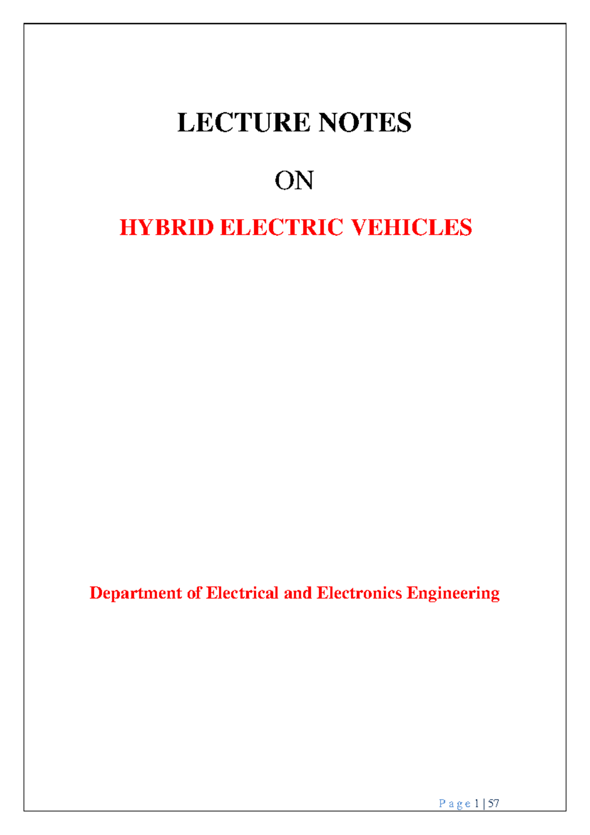 Notes ALL - STUDY MATERIAL - LECTURE NOTES ON HYBRID ELECTRIC VEHICLES ...