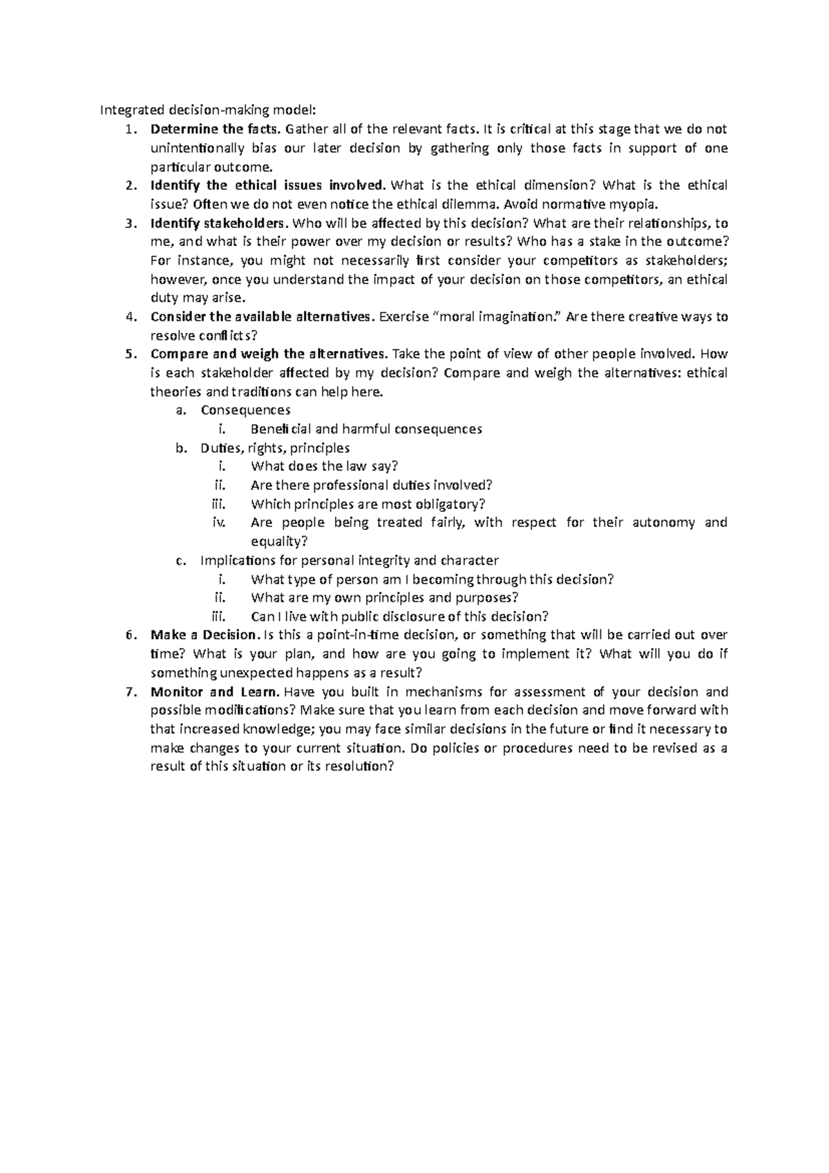 Integrated decision making model - Determine the facts. Gather all of ...