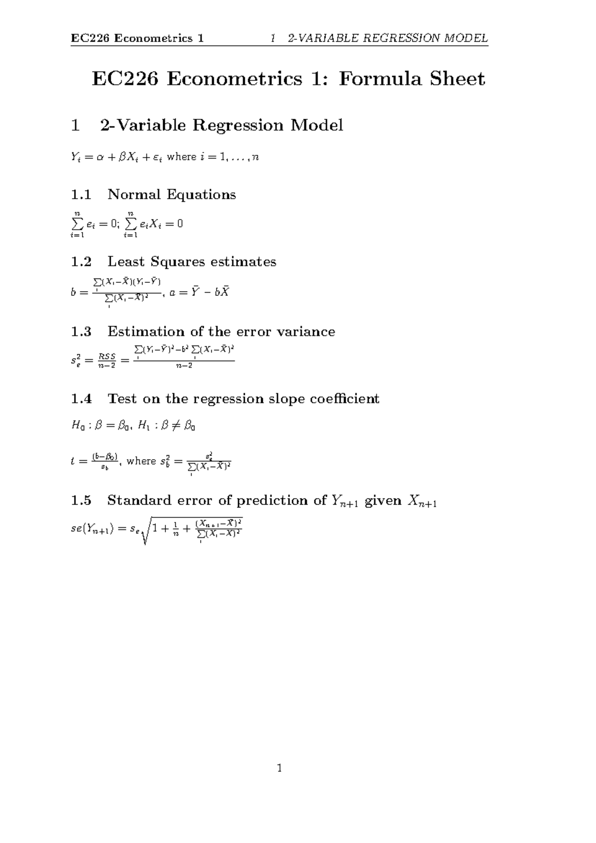 EC226 Formula Sheet - Summary Econometrics 1 - EC226 Econometrics 1 1 2 ...
