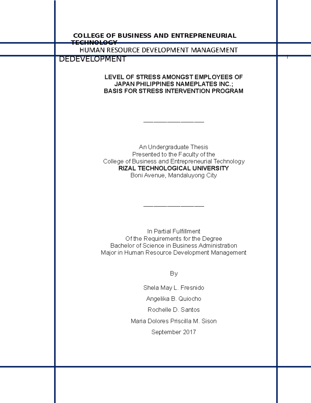 Level OF Stress . Table OF Contents (CD) - HUMAN RESOURCE DEVELOPMENT ...