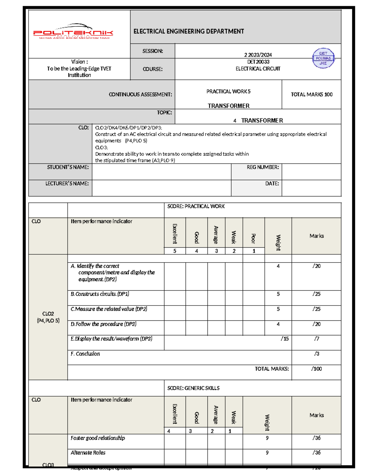 Practical WORK 5 SESI 2 2023 2024 - [PRACTICAL WORK 5] 1 ELECTRICAL ...