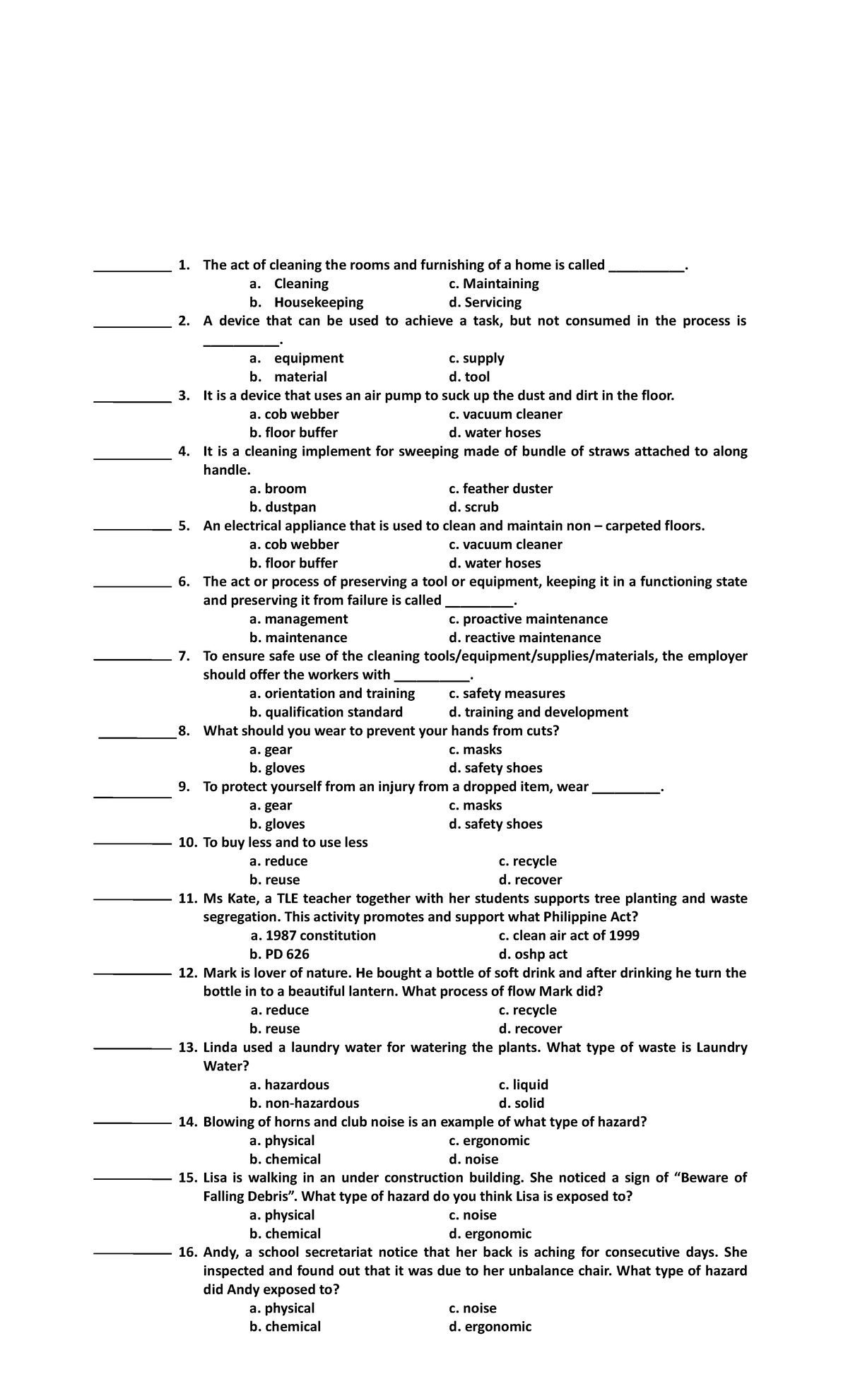 part-1-exam-grade-7-tle-household-services-the-act-of-cleaning-the