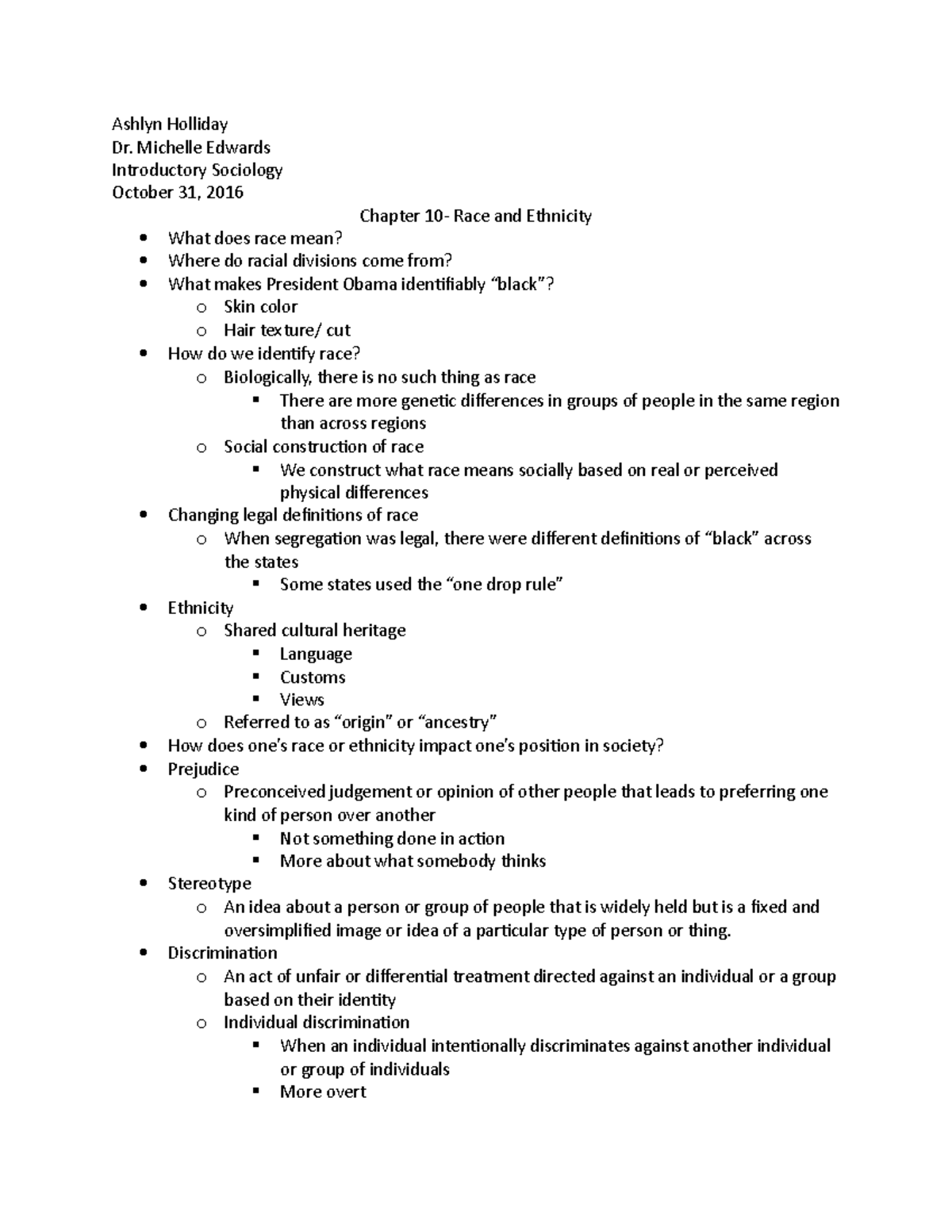 Chapter 10- Race and Ethnicity - Ashlyn Holliday Dr. Michelle Edwards ...