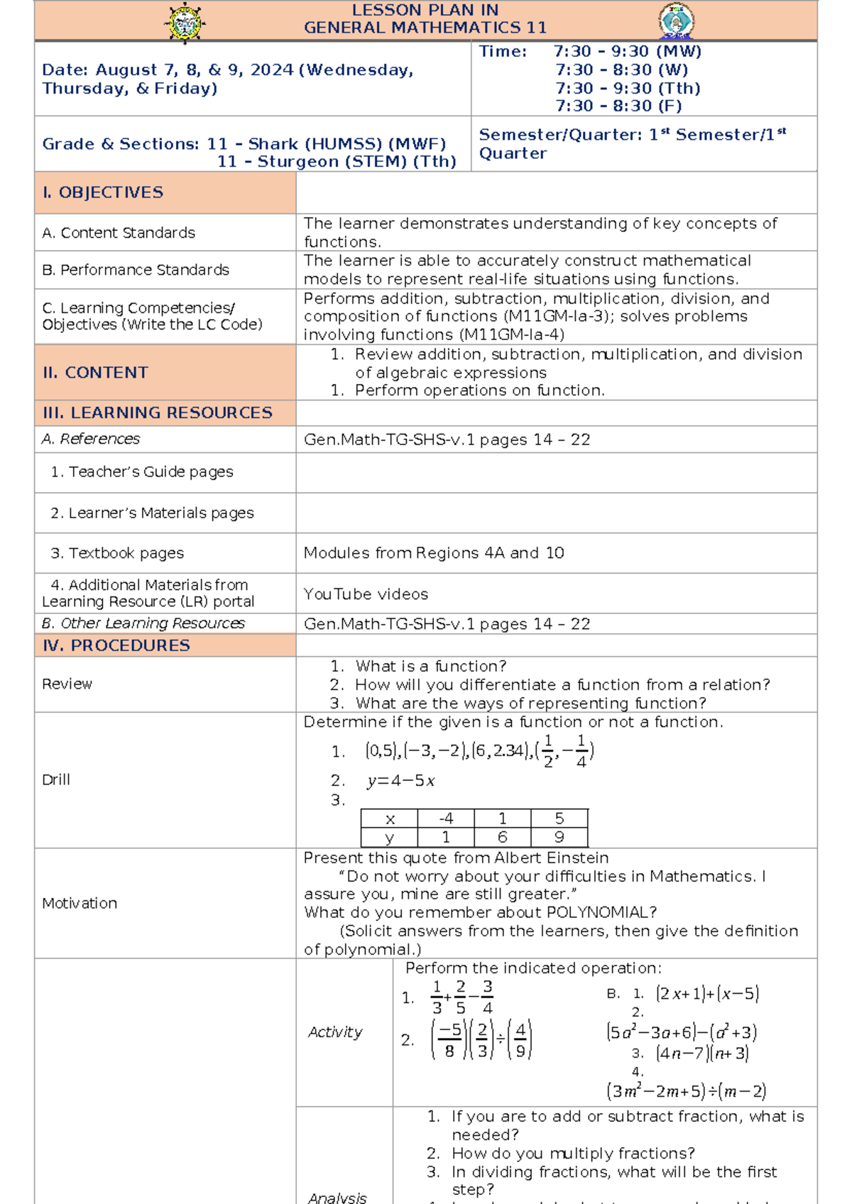 Aug789 Operationson Functions - LESSON PLAN IN GENERAL MATHEMATICS 11 ...
