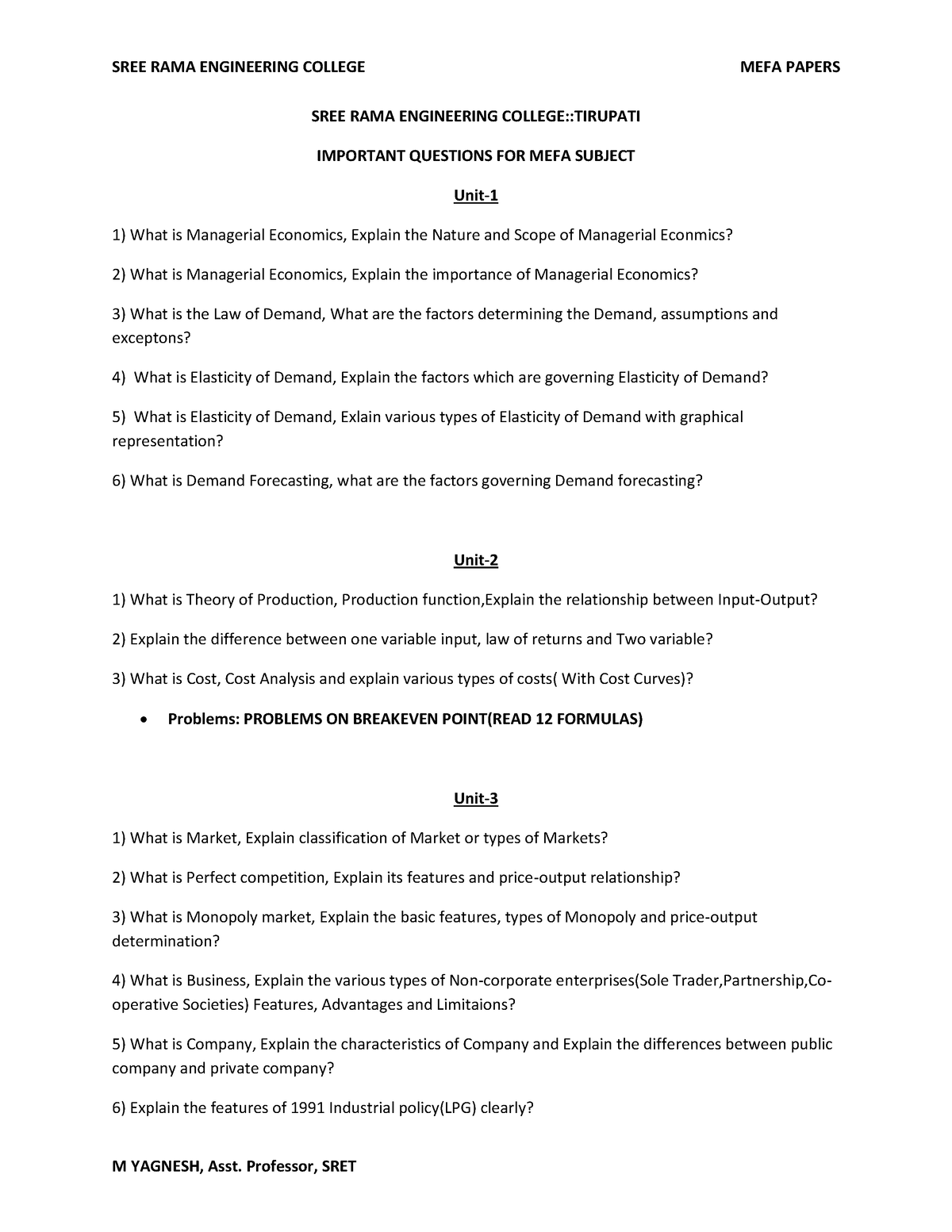 Important Questions FOR MEFA Subject SREE RAMA ENGINEERING