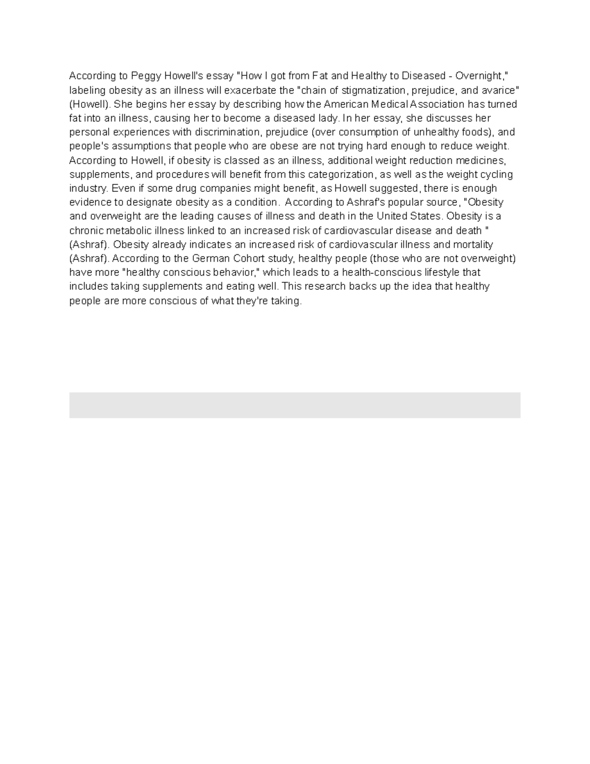 Online Post 5 - According to Peggy Howell's essay 