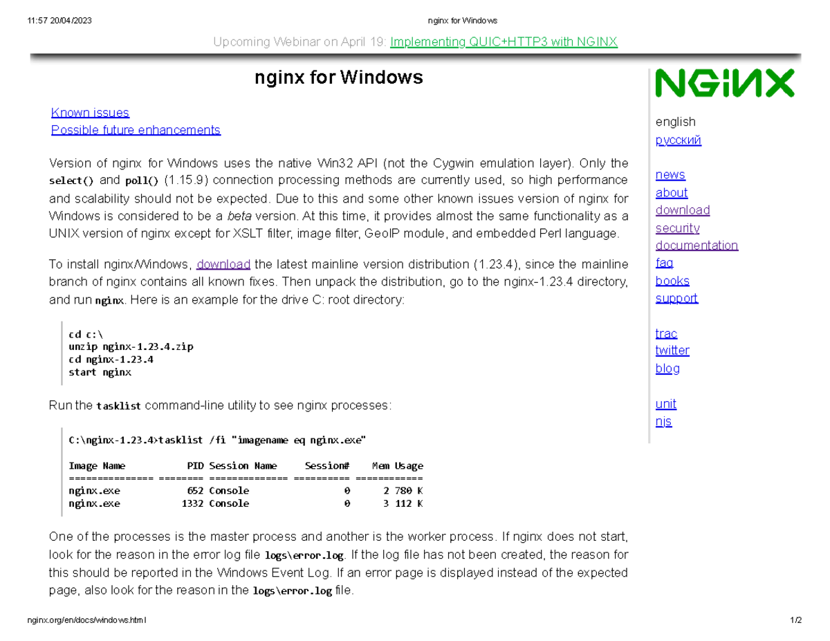 Nginx for Windows - 11:57 20/04/2023 nginx for Windows nginx.org/en ...